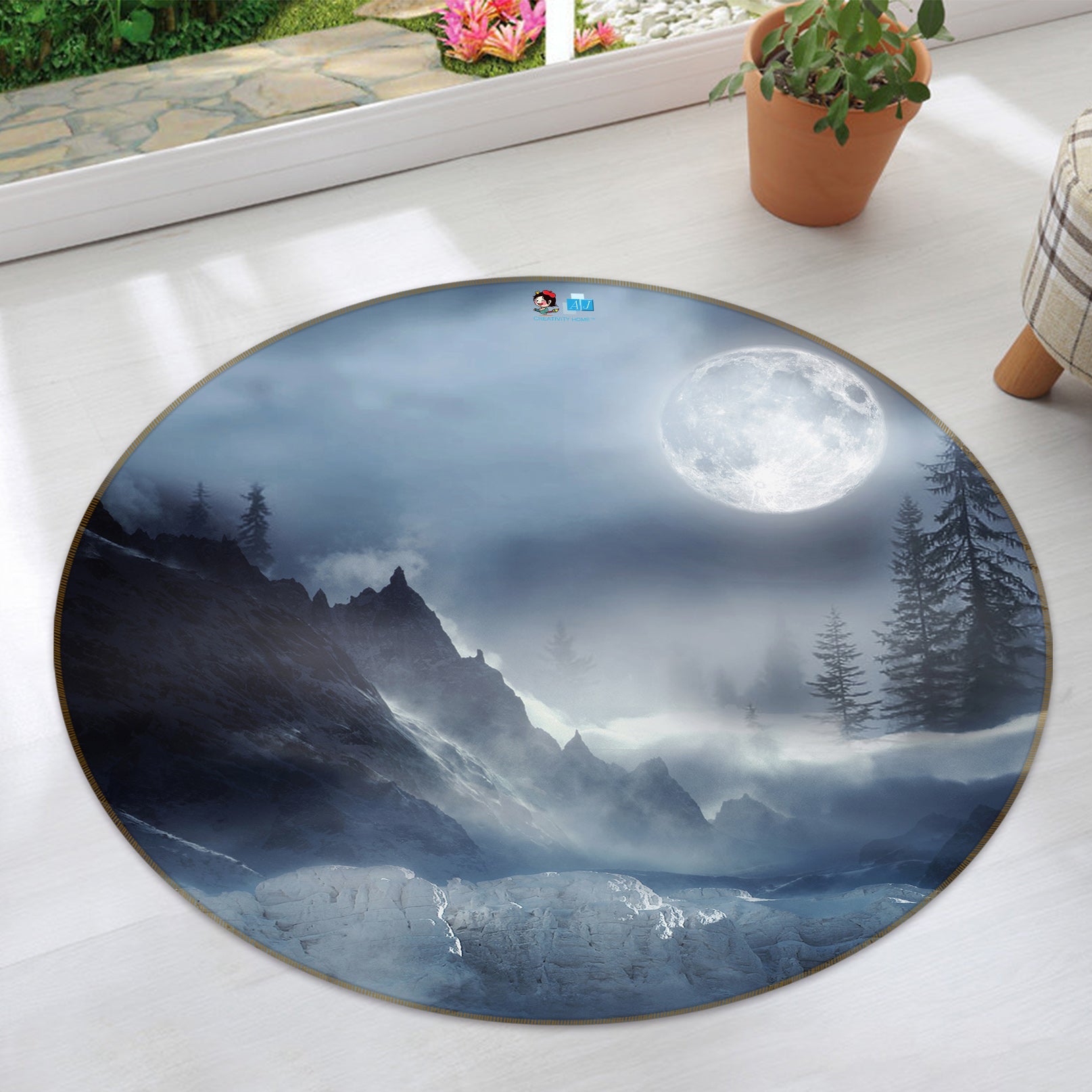 3D Mountain Tree Moon 74099 Round Non Slip Rug Mat