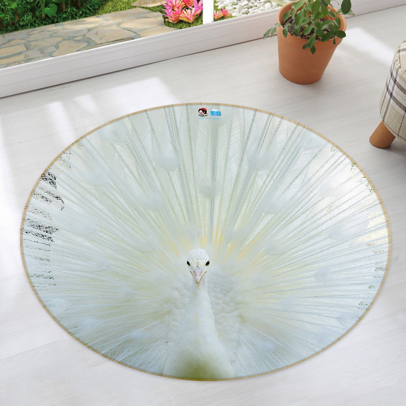 3D White Peacock 81232 Round Non Slip Rug Mat