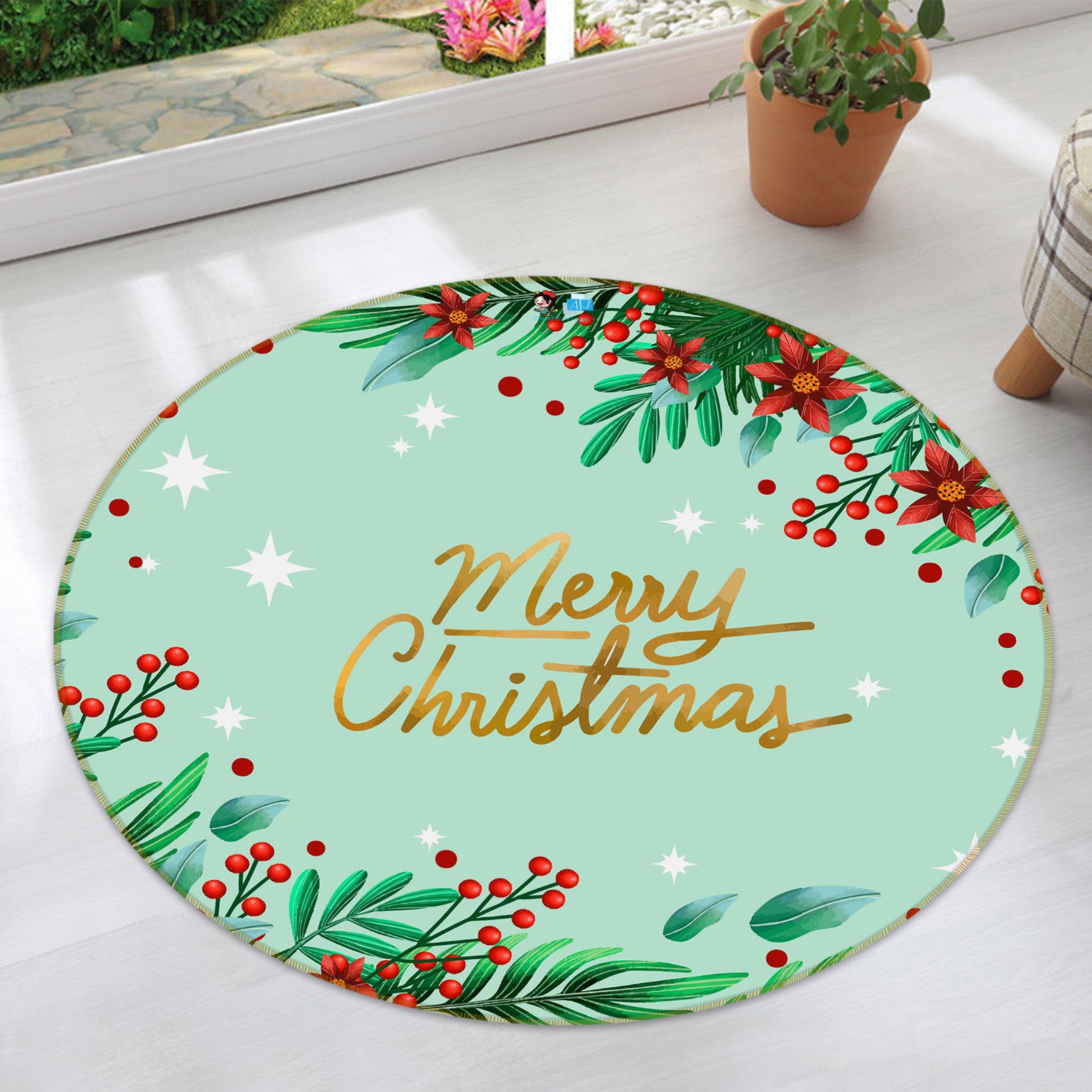 3D Red Ball Branches 75132 Round Non Slip Rug Mat