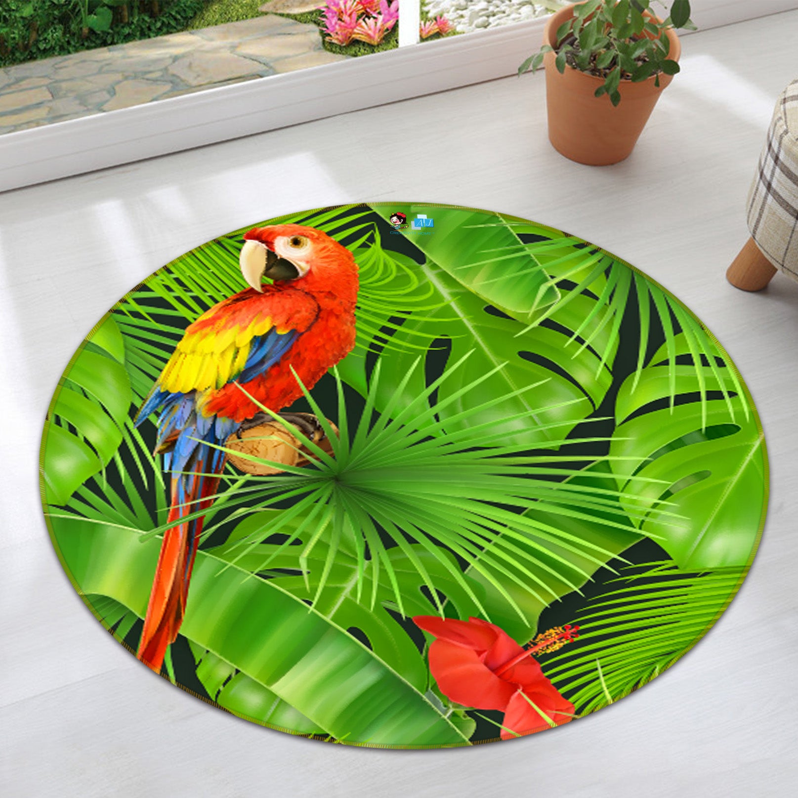 3D Leaves Parrot 71249 Round Non Slip Rug Mat
