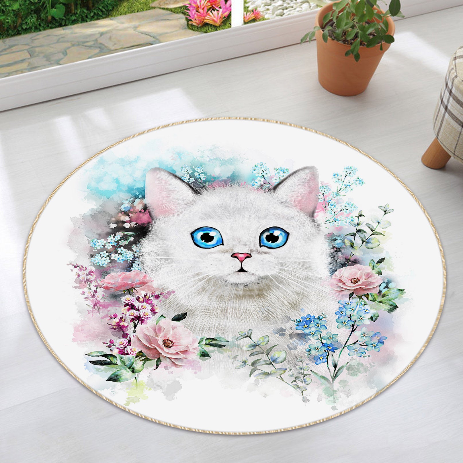 3D Flower Bush White Cat 29082 Round Non Slip Rug Mat