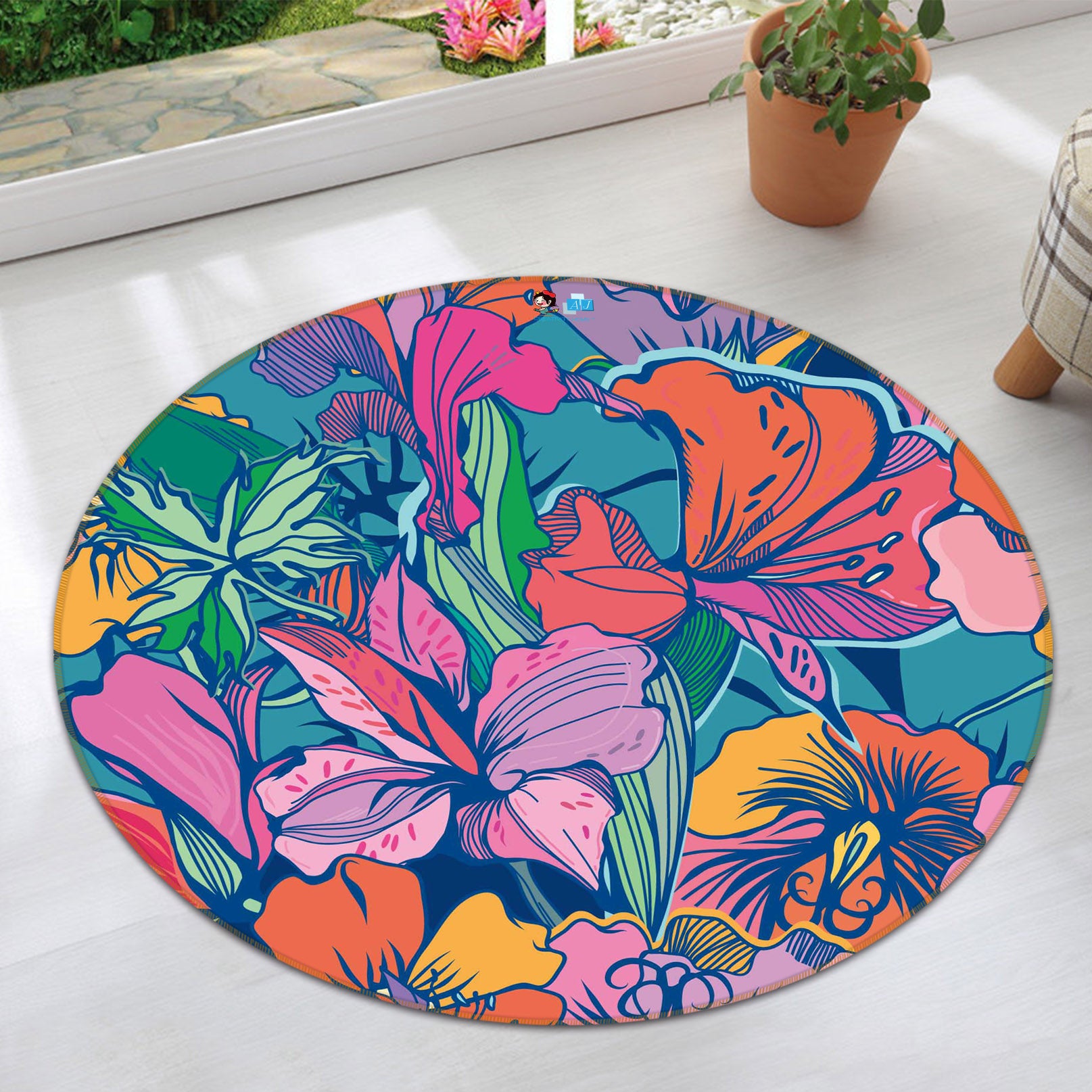 3D Colored Flowers 64119 Round Non Slip Rug Mat