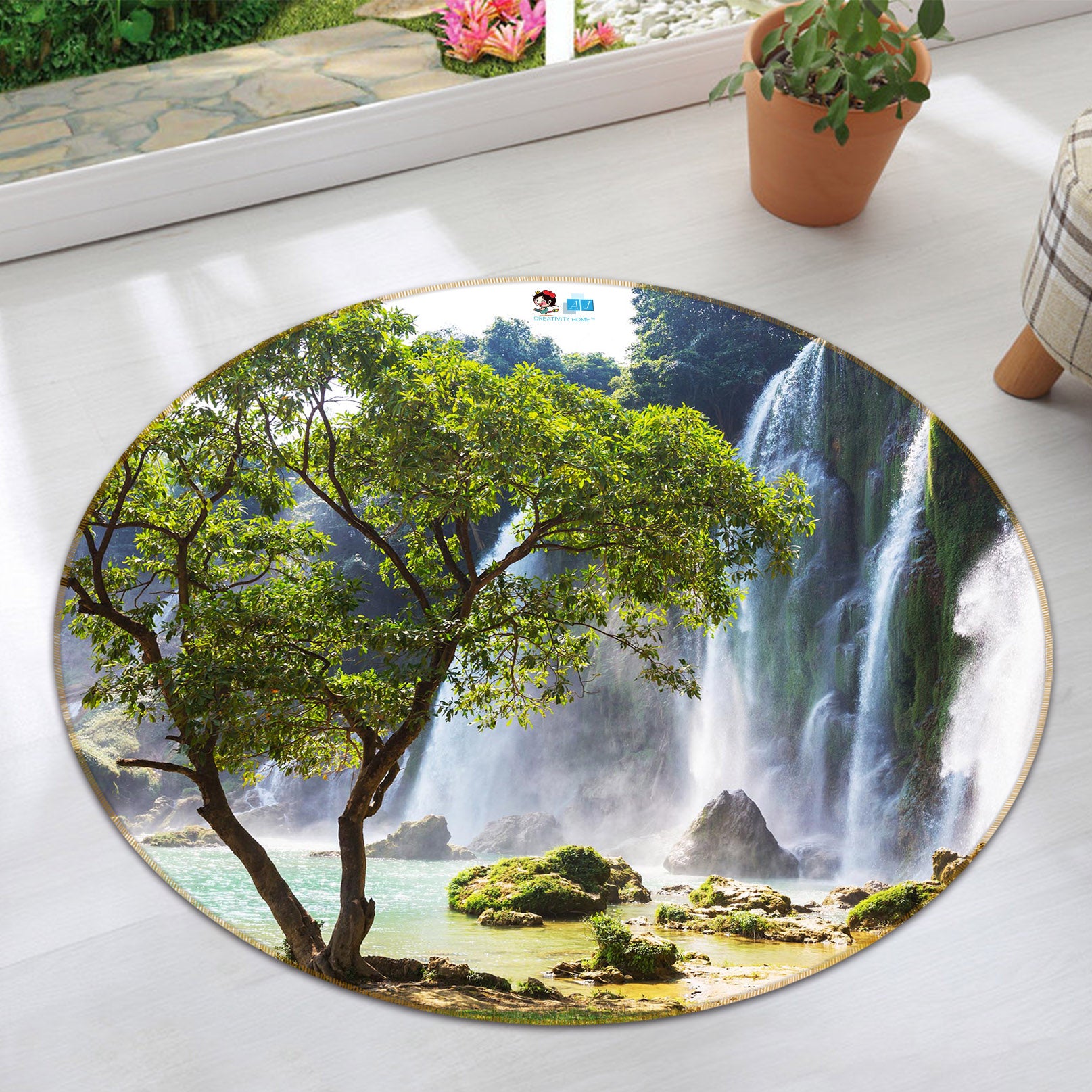 3D Trees Waterfall 74129 Round Non Slip Rug Mat