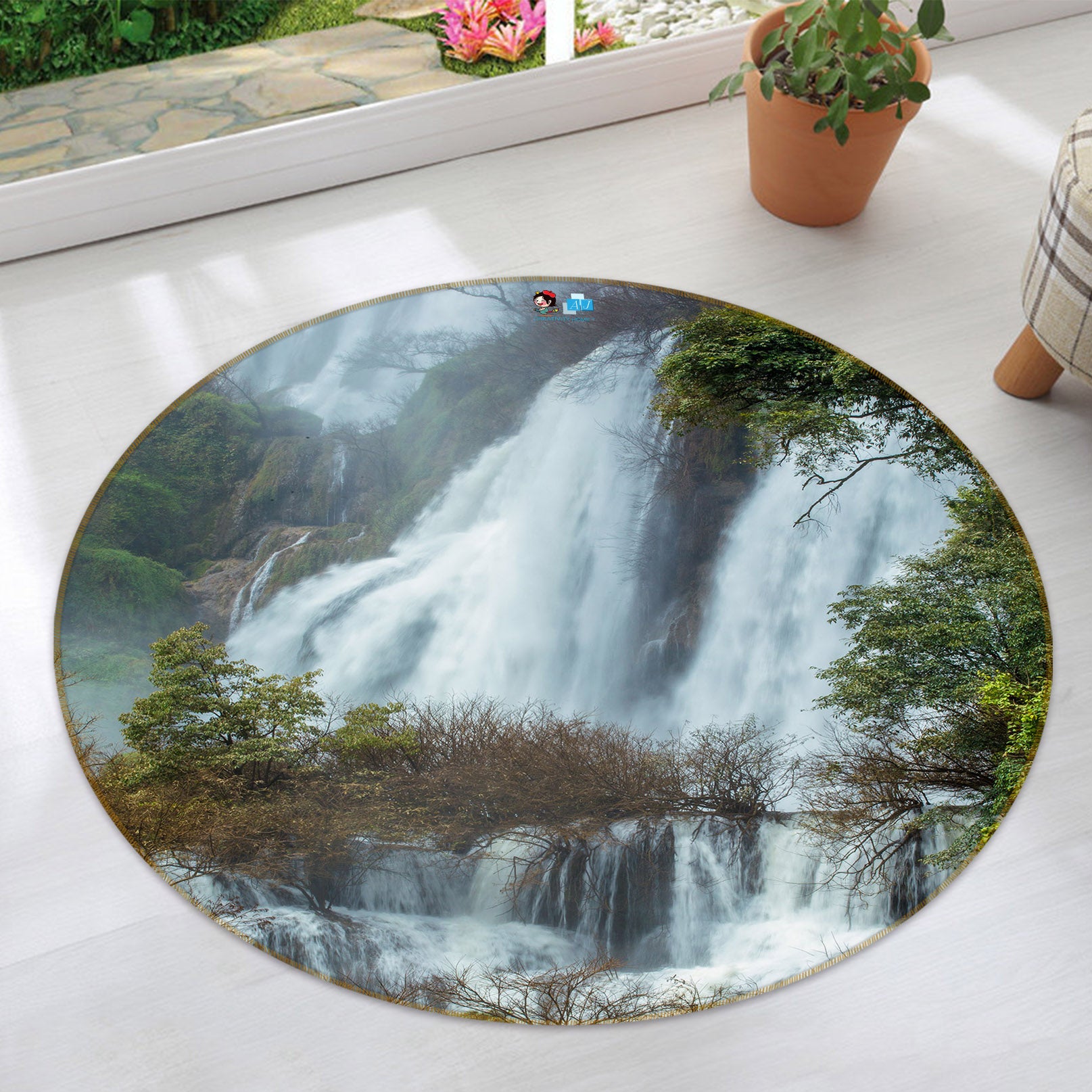 3D Stone Waterfall 69081 Round Non Slip Rug Mat