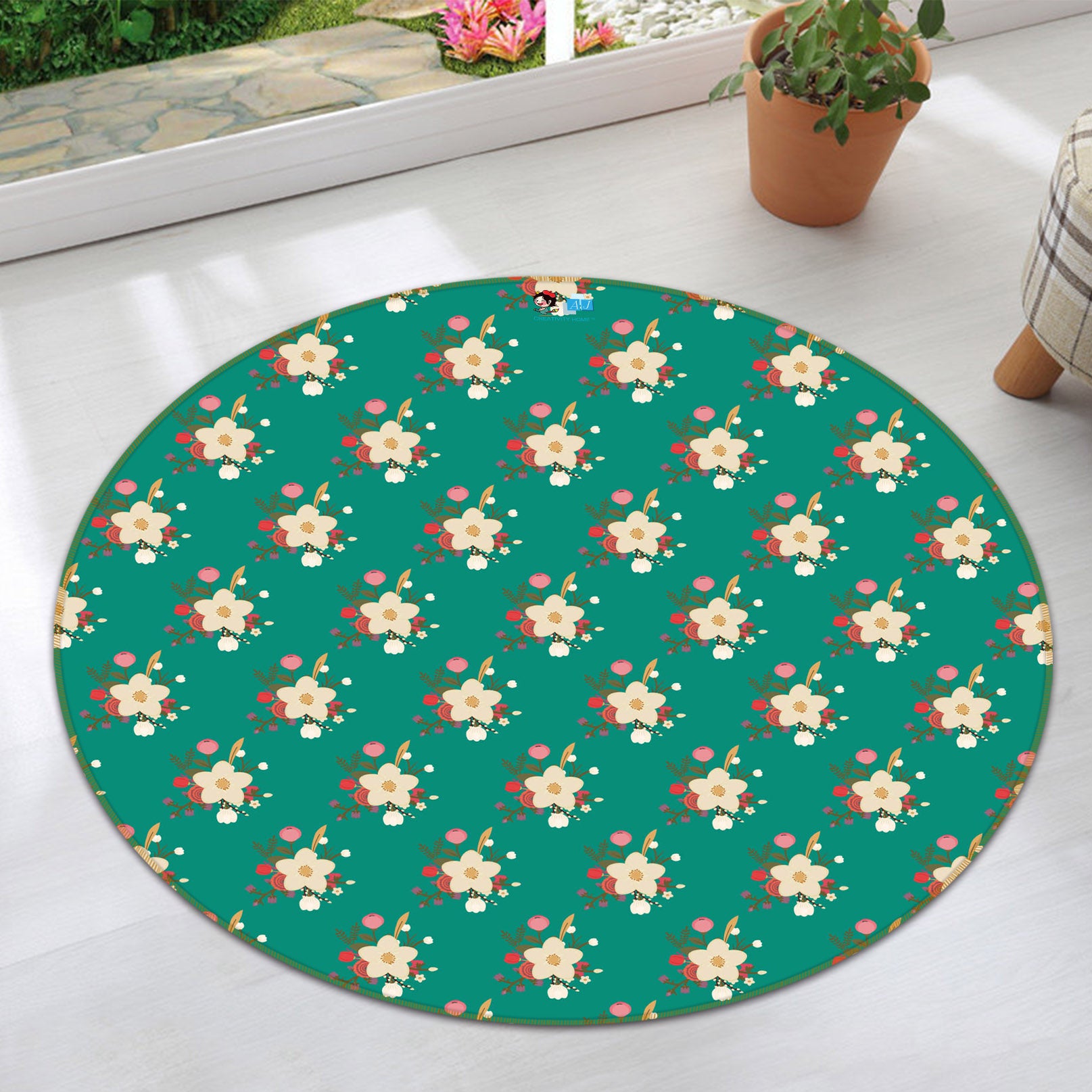3D Green Background Flower Pattern 64109 Round Non Slip Rug Mat