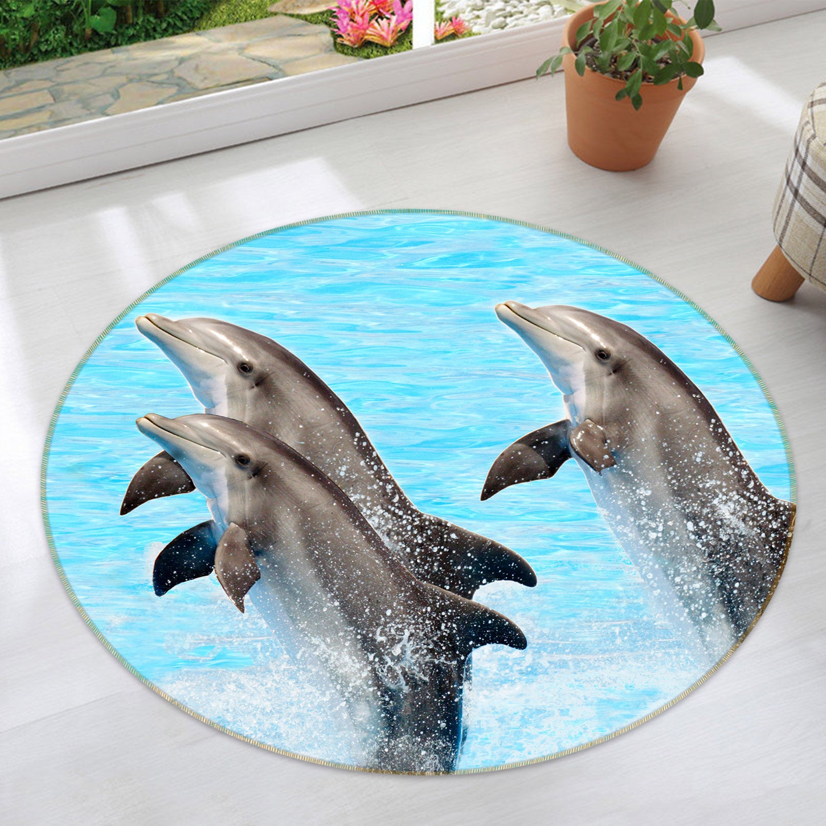 3D Three Dolphins 38020 Animal Round Non Slip Rug Mat