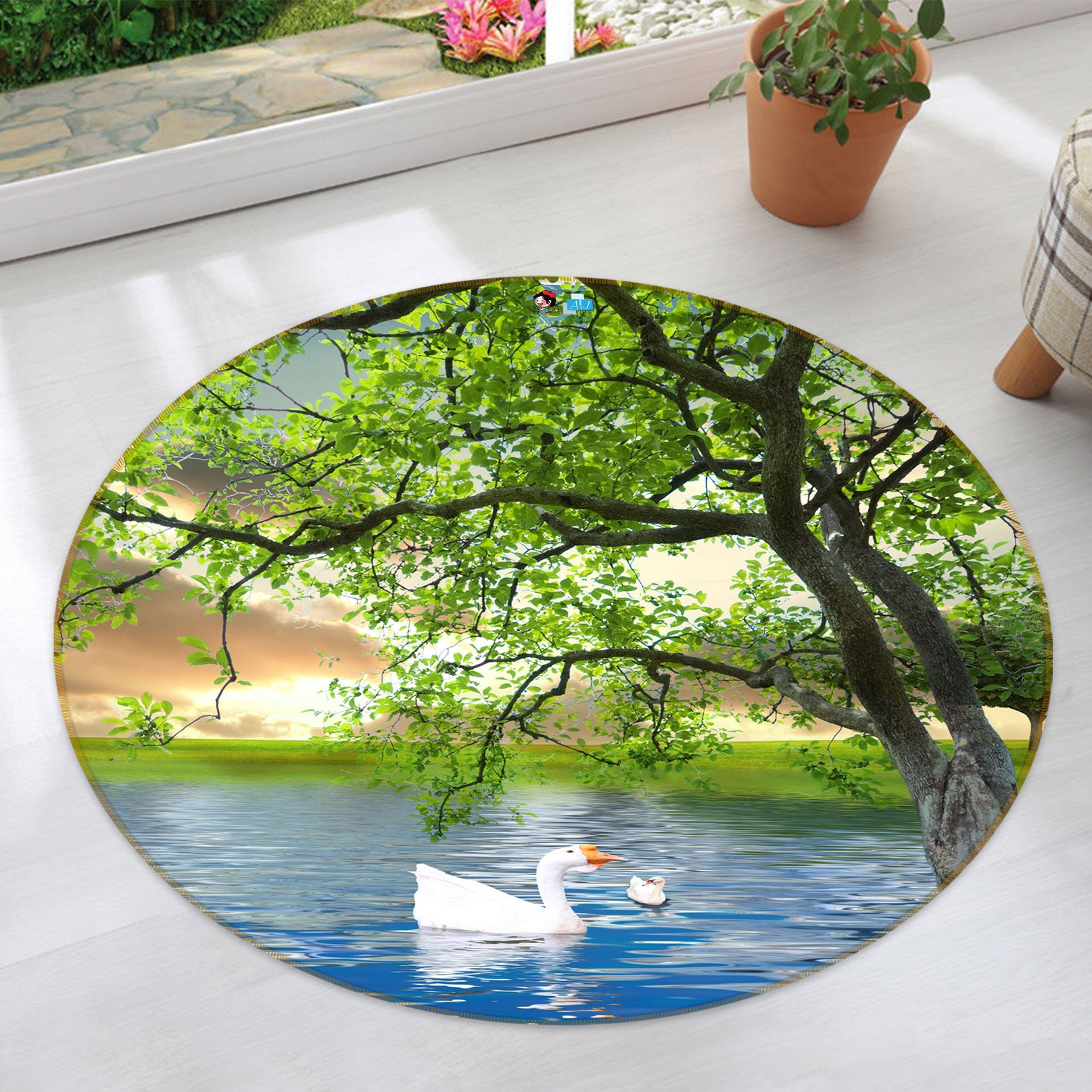 3D Swan Trees 80197 Round Non Slip Rug Mat