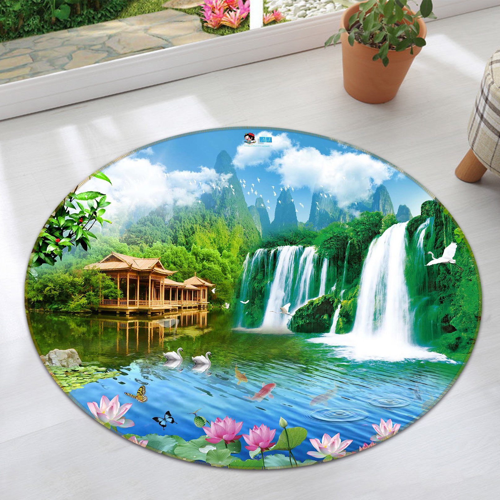 3D Waterfall Lotus 038 Round Non Slip Rug Mat Mat AJ Creativity Home