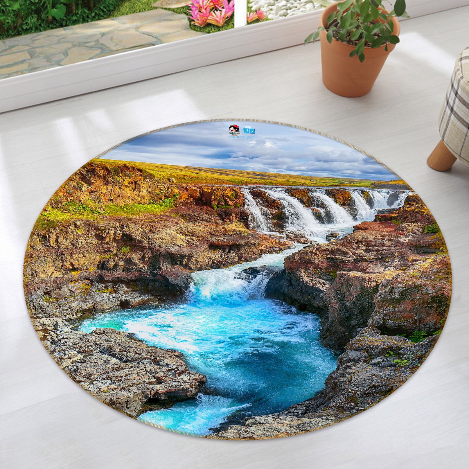 3D Sea Stone Running Water 69143 Round Non Slip Rug Mat