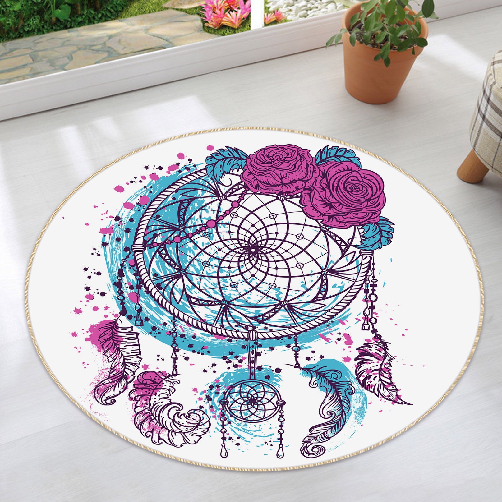 3D Flowers Dreamcatcher 29098 Round Non Slip Rug Mat