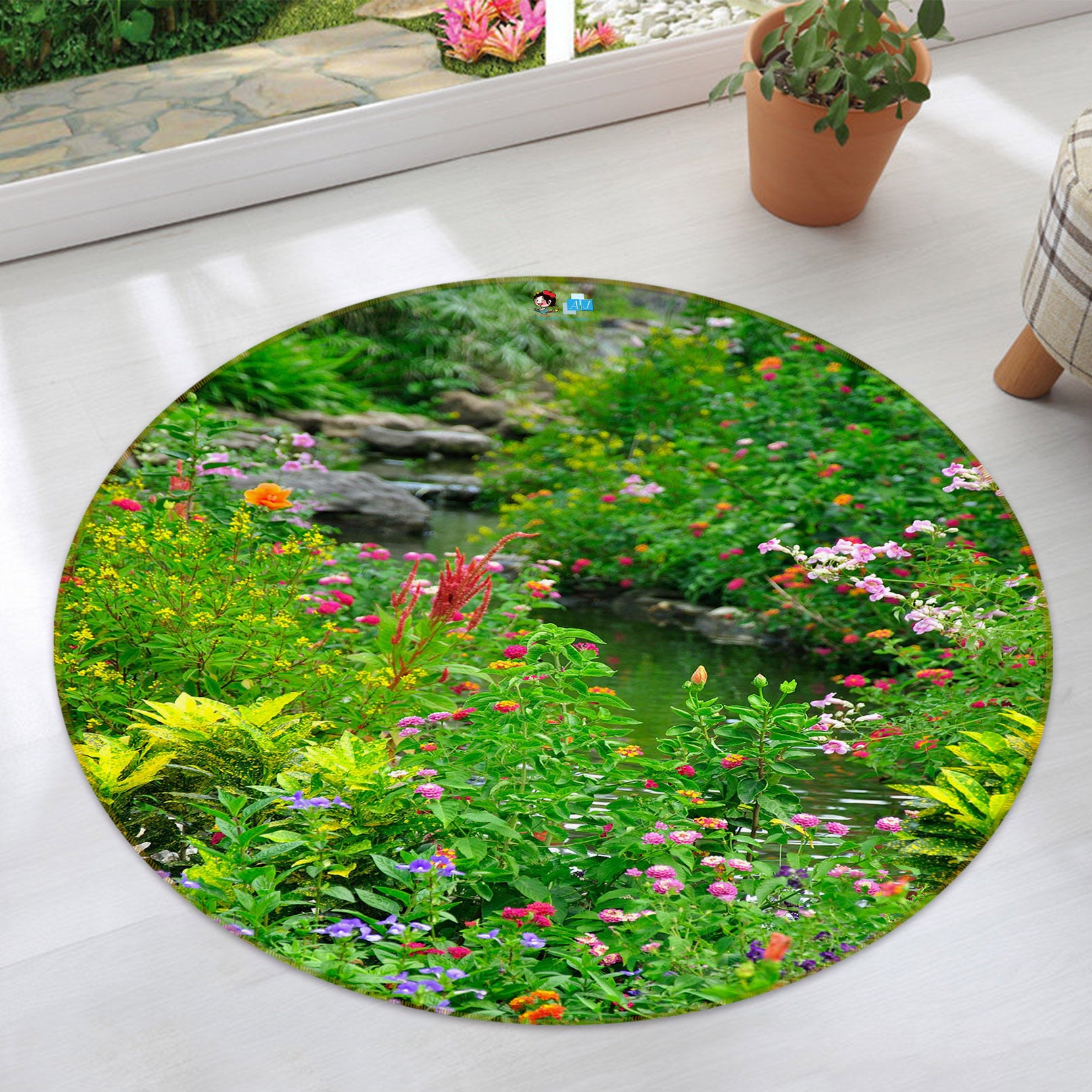 3D Flowers Grass 69045 Round Non Slip Rug Mat