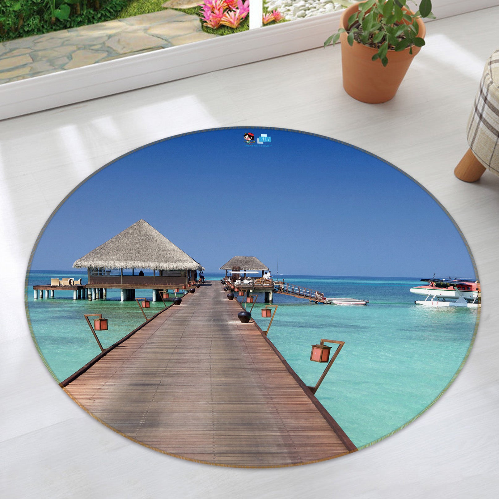 3D Sea Wooden Bridge 74049 Round Non Slip Rug Mat