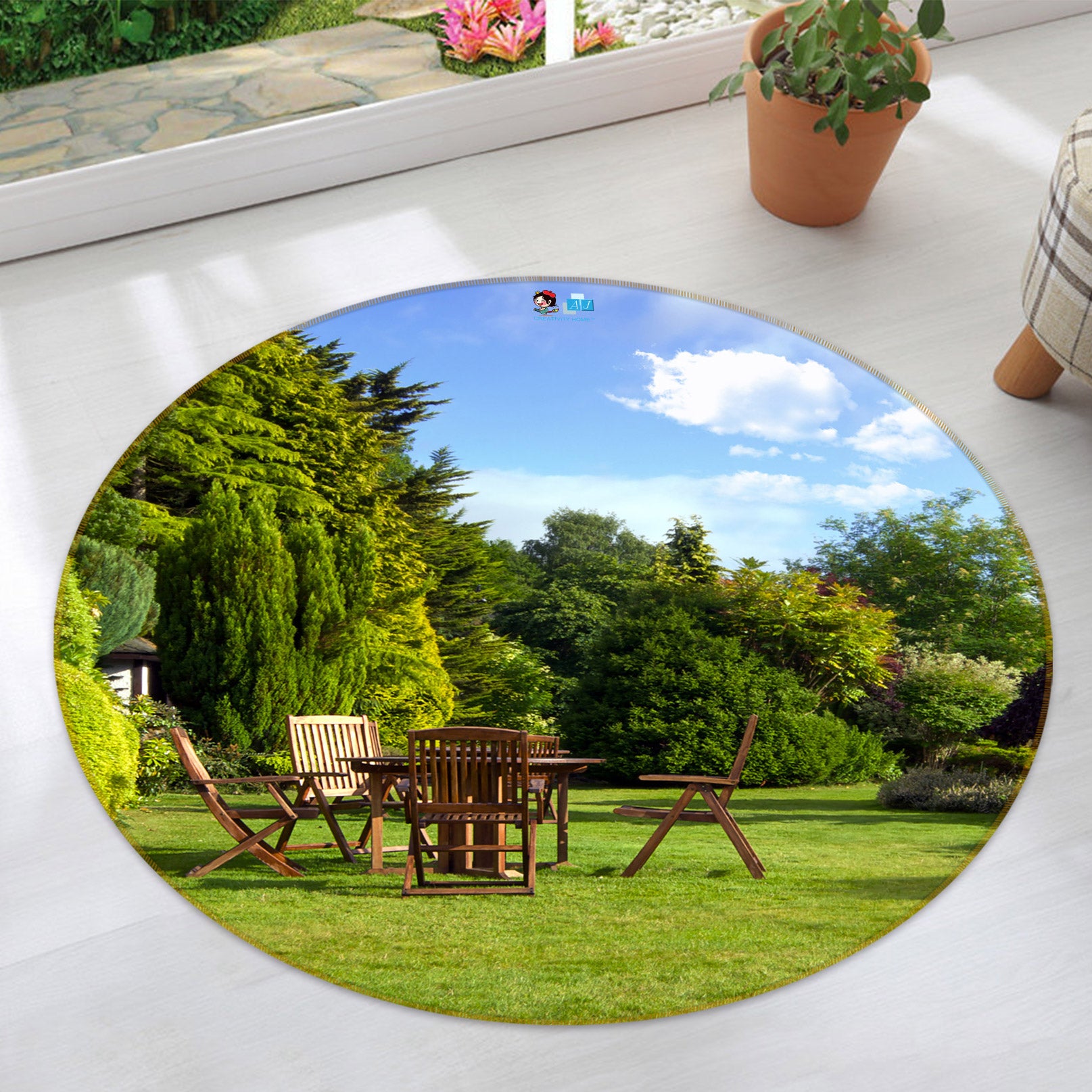 3D Woods Grass Tables Chairs 80250 Round Non Slip Rug Mat