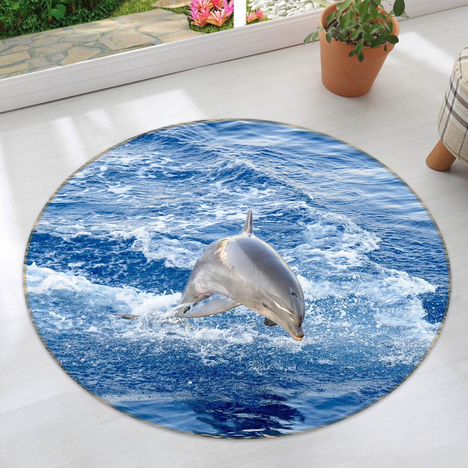 3D Jump Dolphin Surge 38019 Animal Round Non Slip Rug Mat