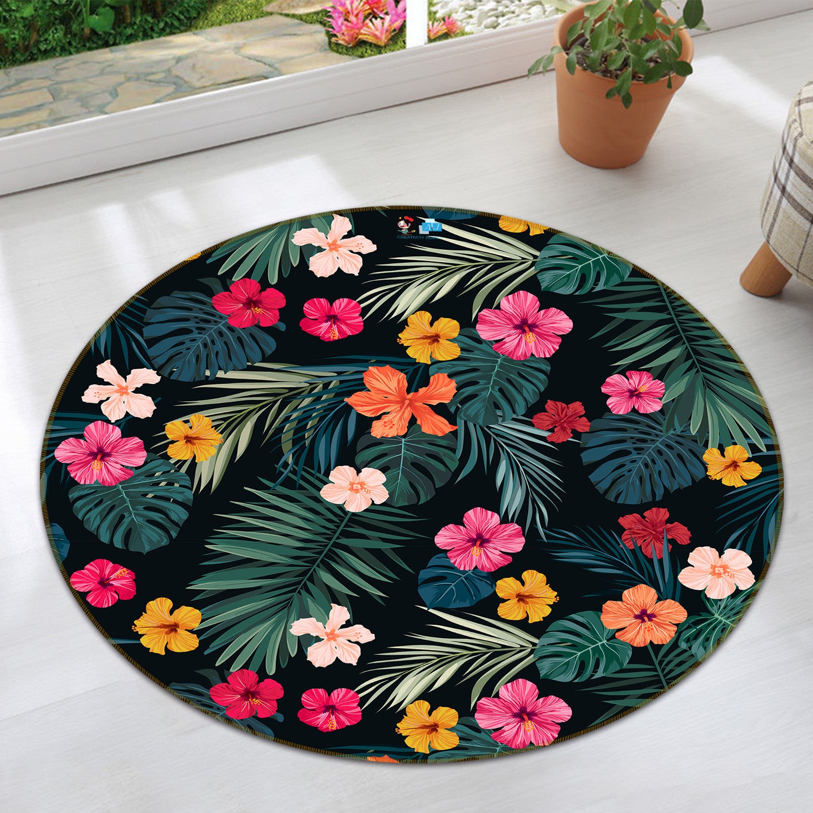 3D Flower Leaf Pattern 74183 Round Non Slip Rug Mat