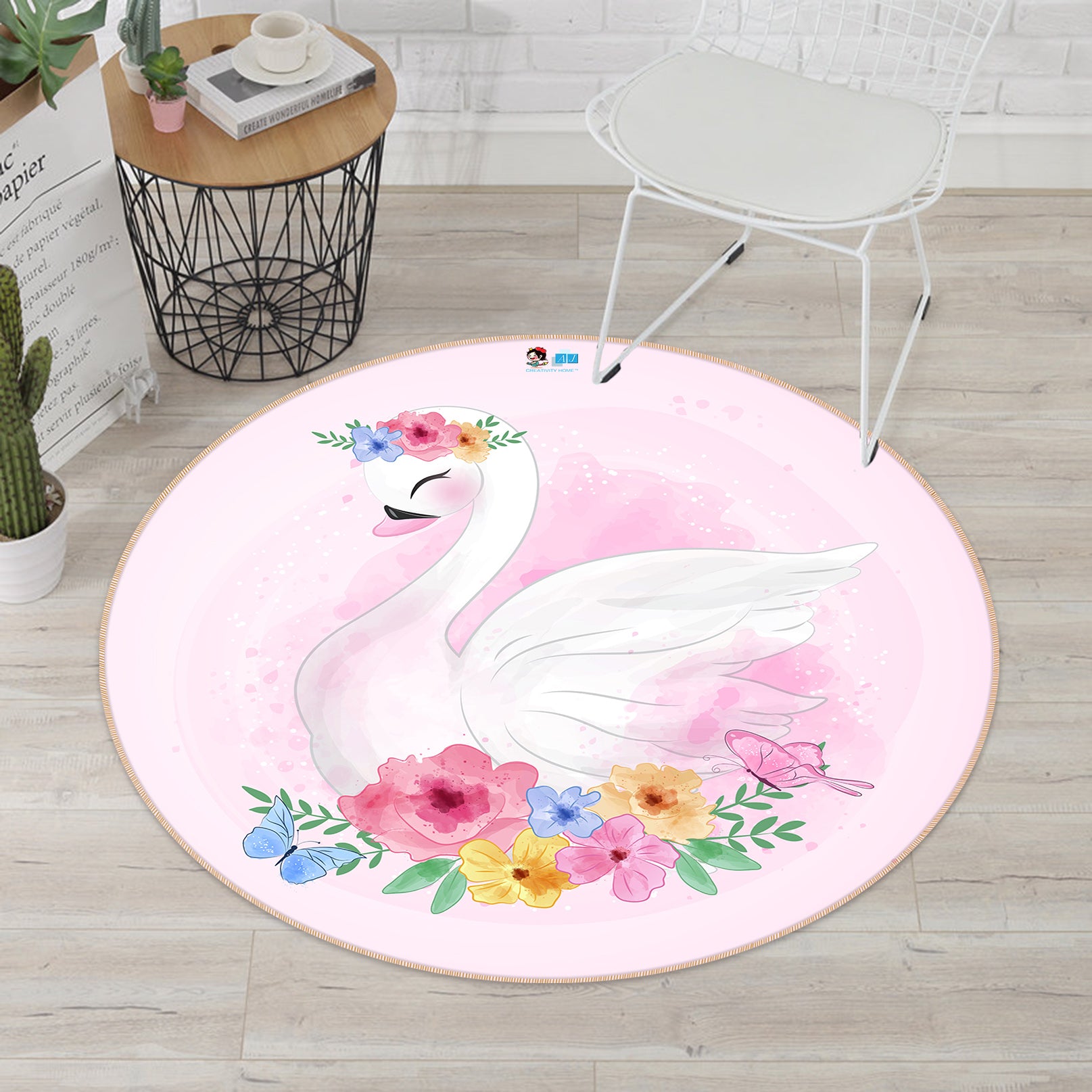 3D Flowers Swan 74233 Round Non Slip Rug Mat
