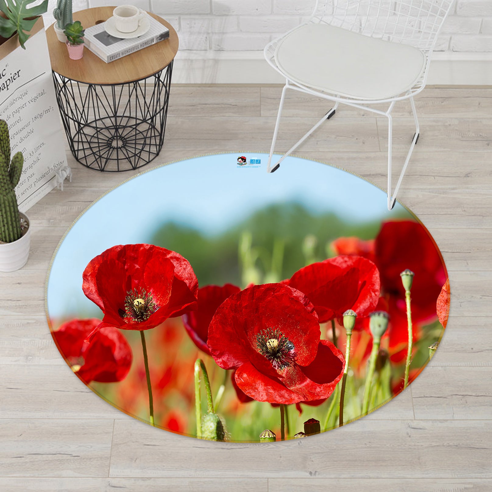 3D Red Flowers 80242 Round Non Slip Rug Mat