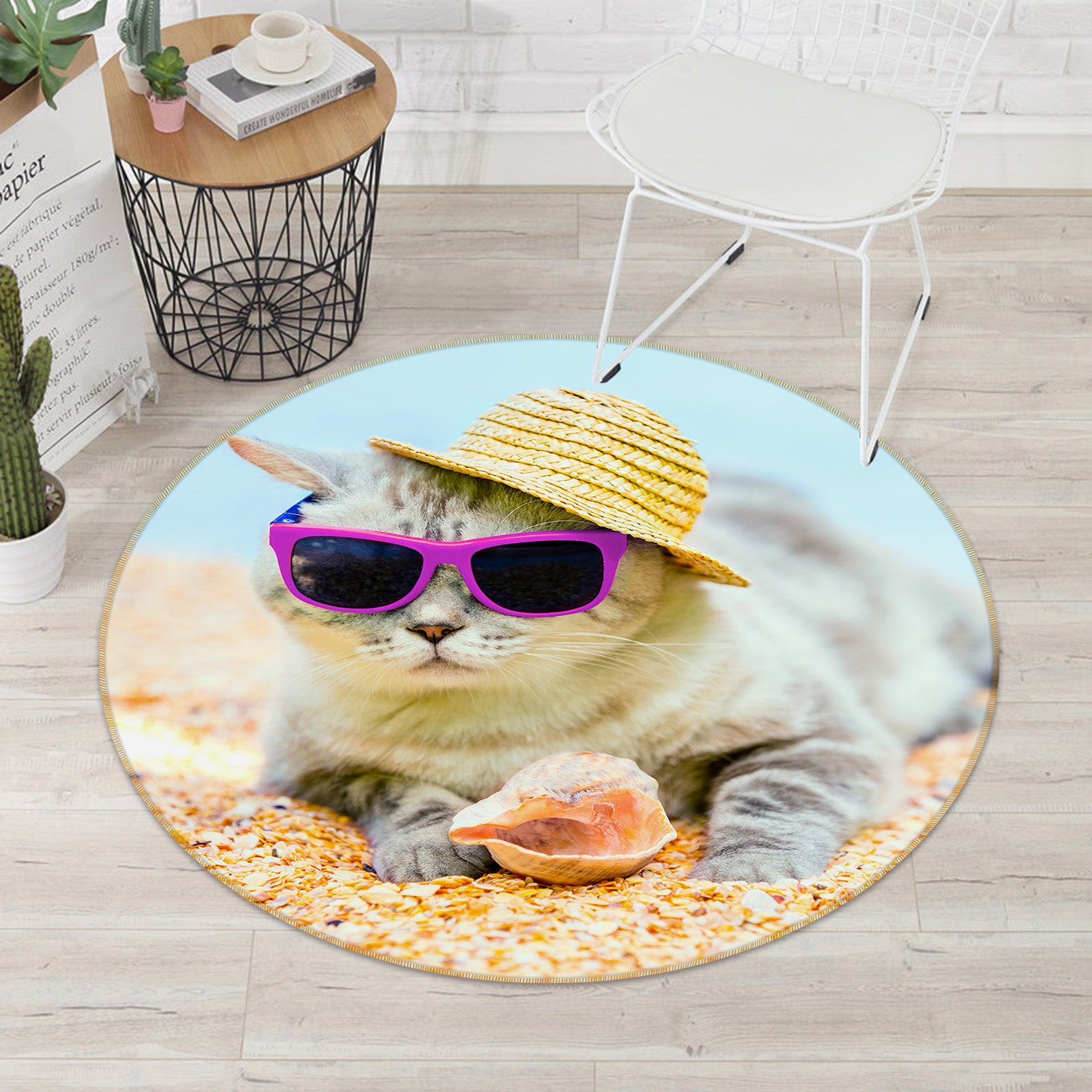 3D Beach Cat 29112 Round Non Slip Rug Mat