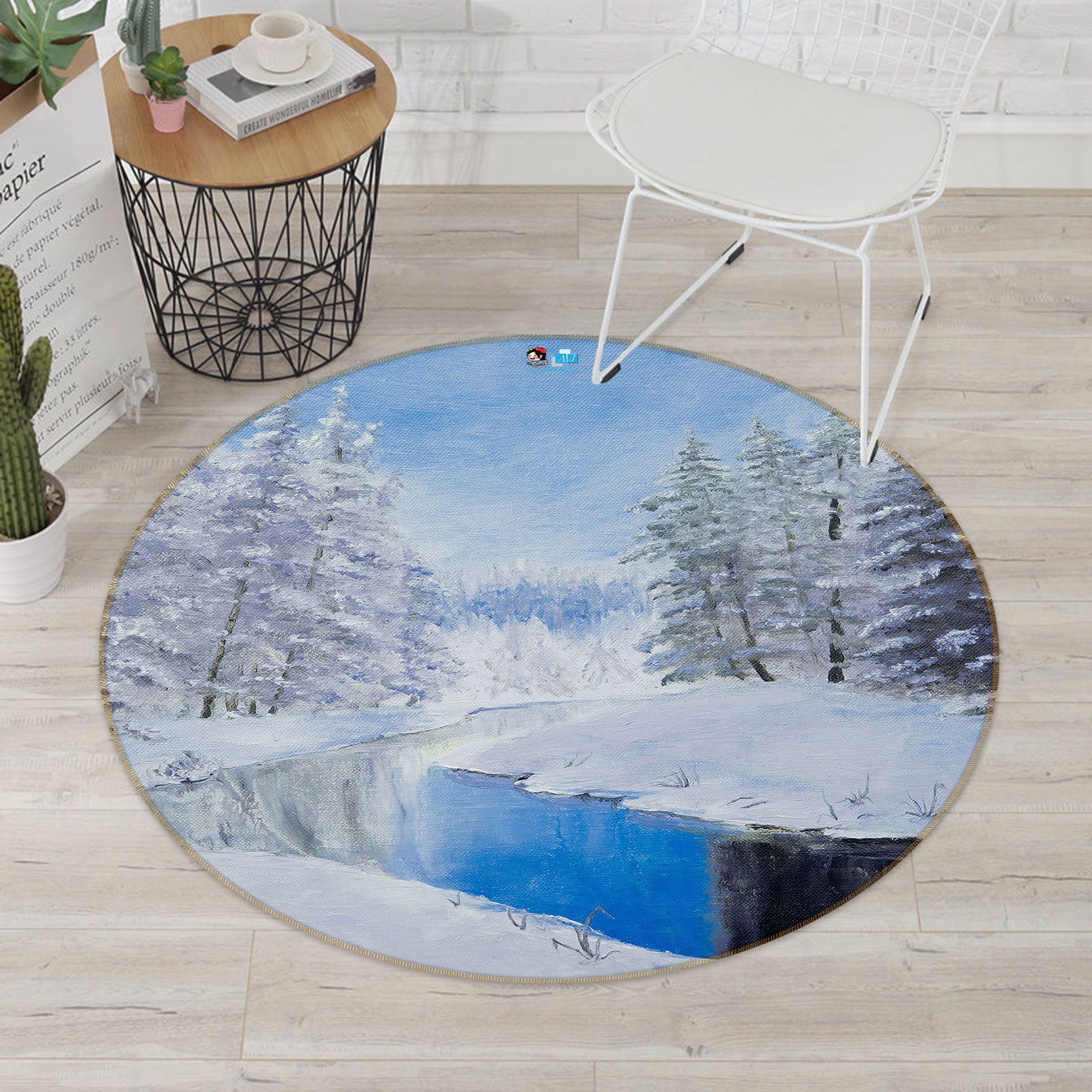 3D Snowy Tree Creek 9754 Marina Zotova Rug Round Non Slip Rug Mat