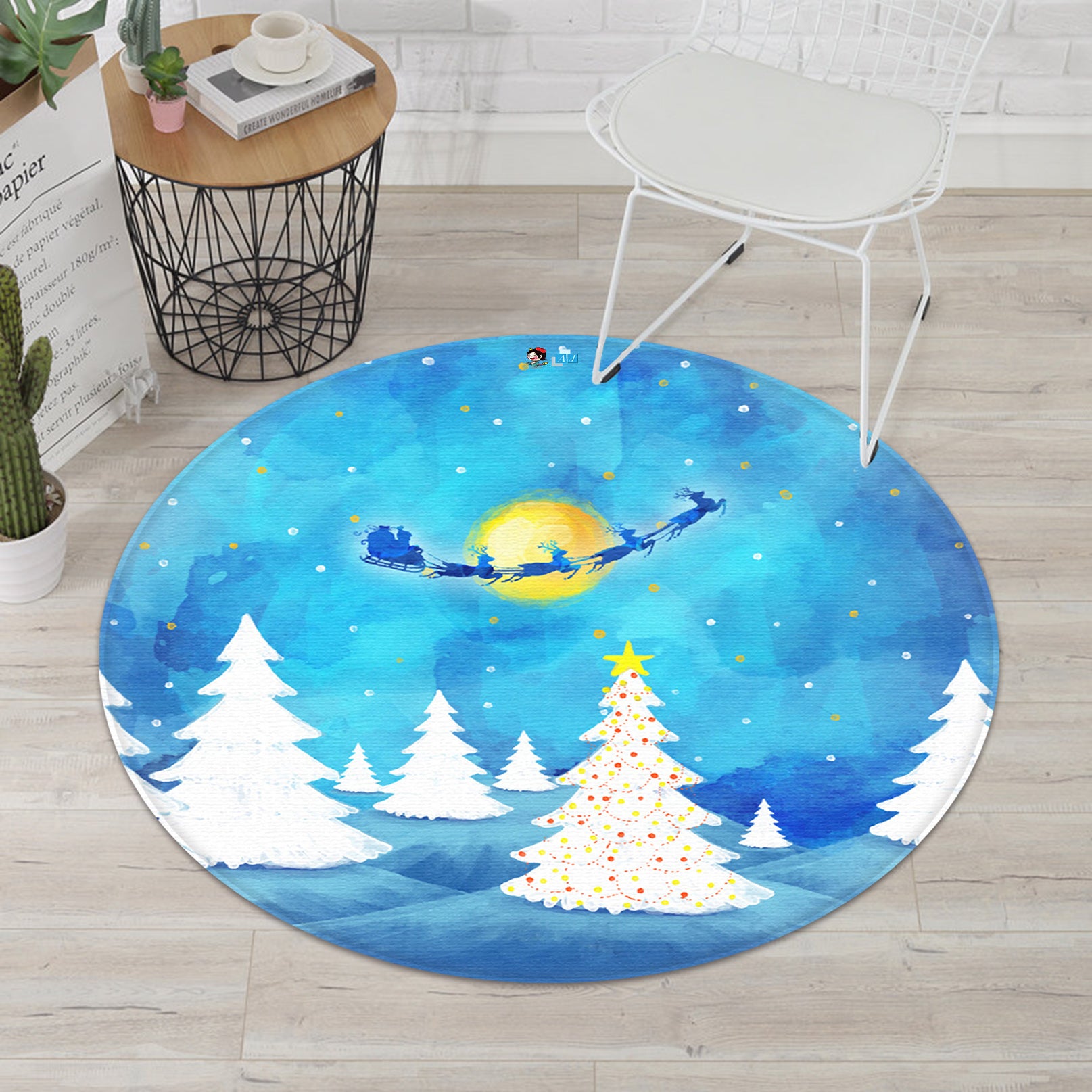 3D White Tree Sled 66034 Christmas Round Non Slip Rug Mat Xmas