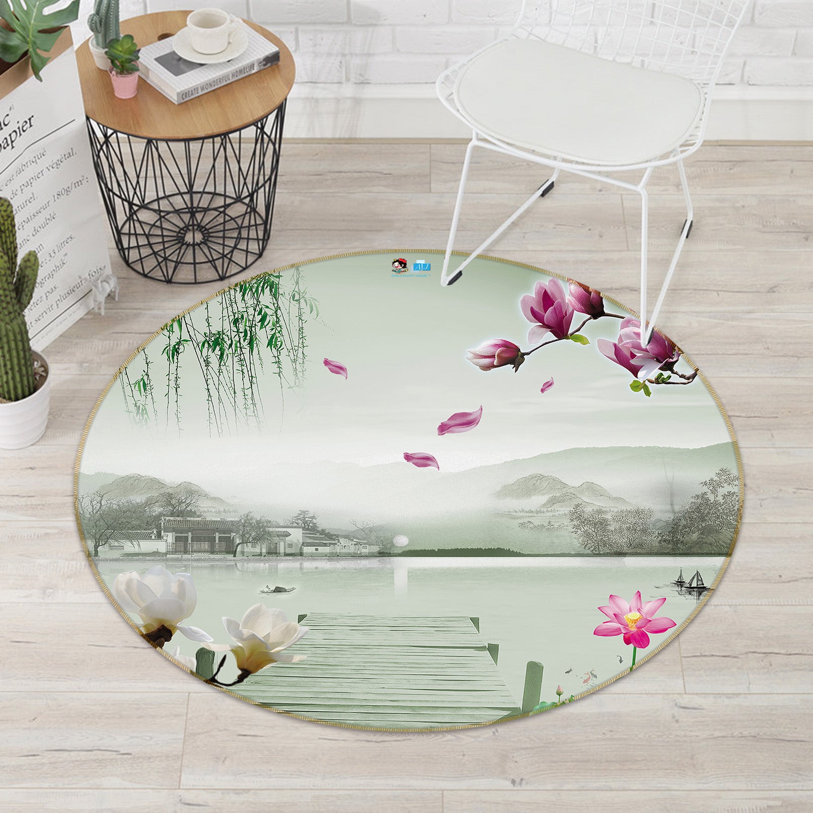 3D Wooden Bridge Lake 74100 Round Non Slip Rug Mat