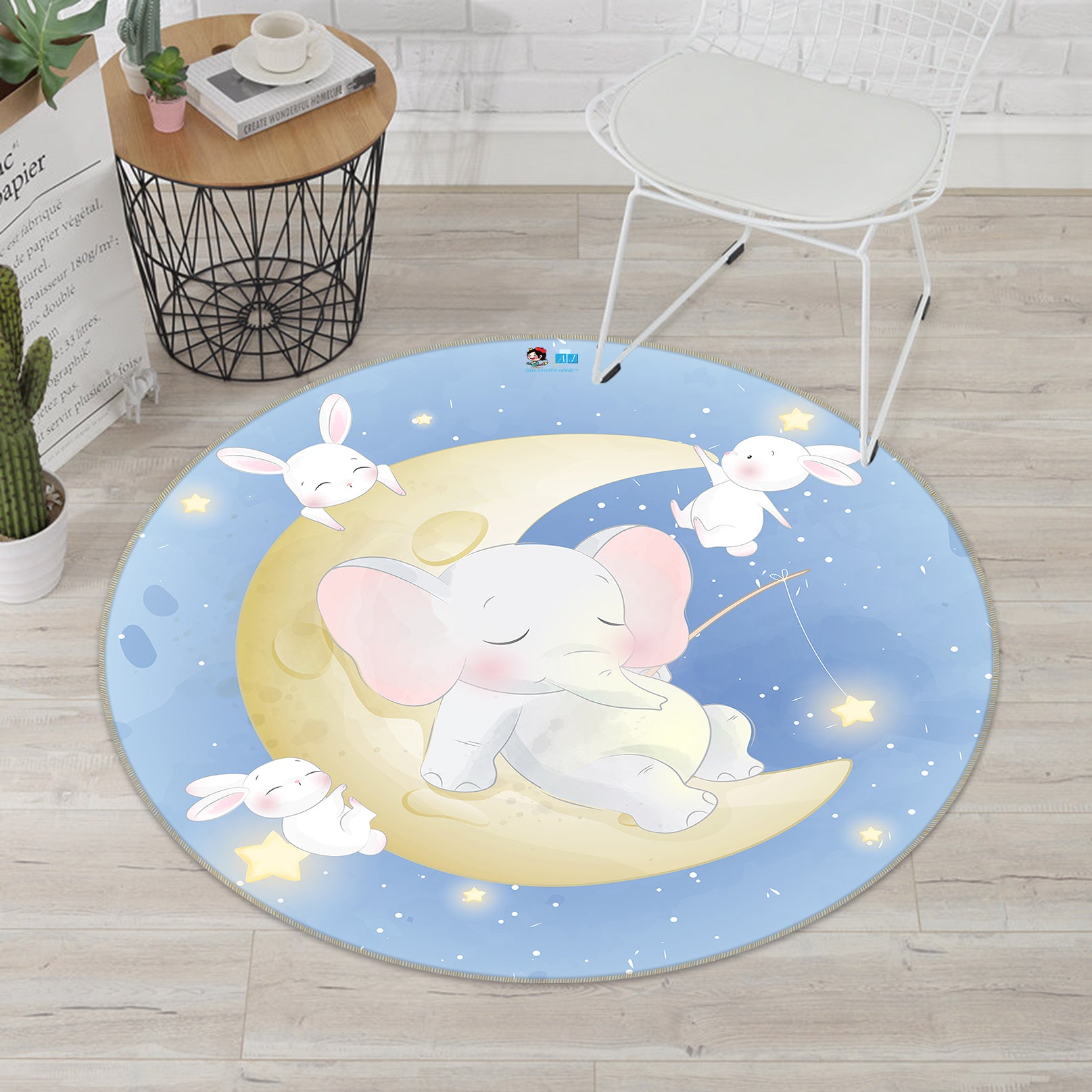 3D Moon Elephant 75025 Round Non Slip Rug Mat