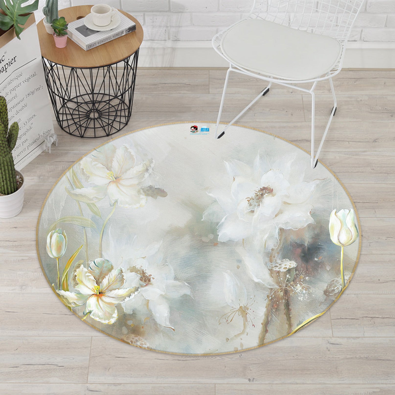 3D White Flowers 80288 Round Non Slip Rug Mat