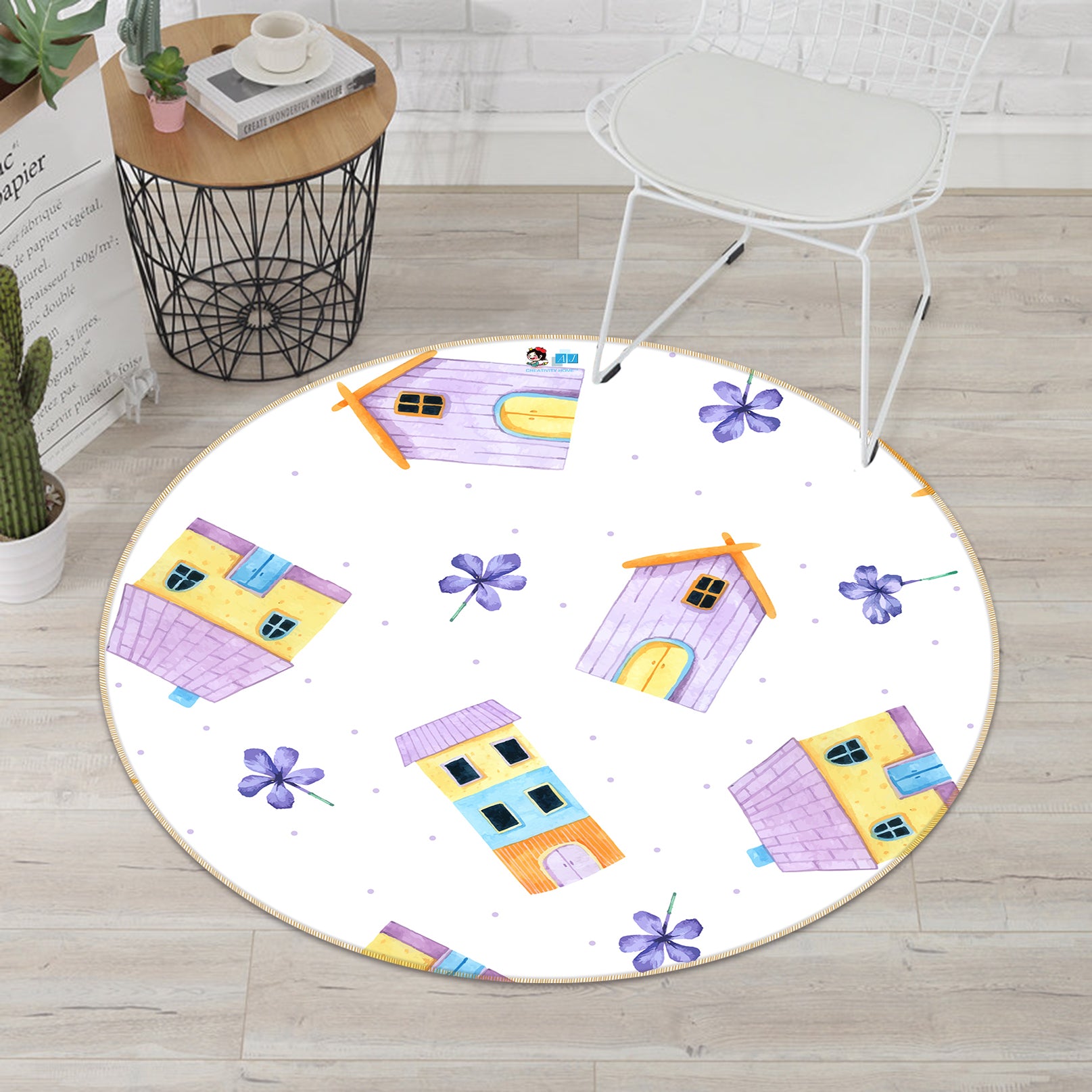 3D Purple House 81042 Round Non Slip Rug Mat