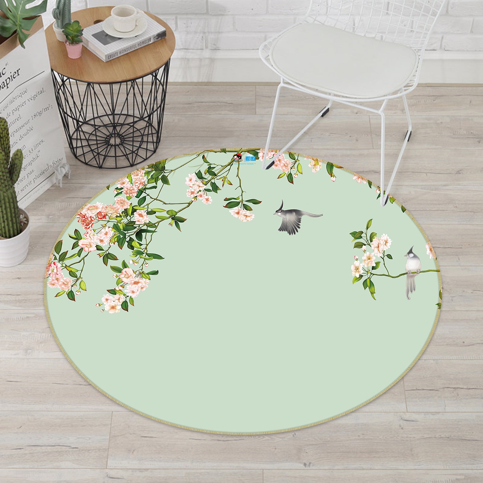 3D Flower Branch Bird 73010 Round Non Slip Rug Mat