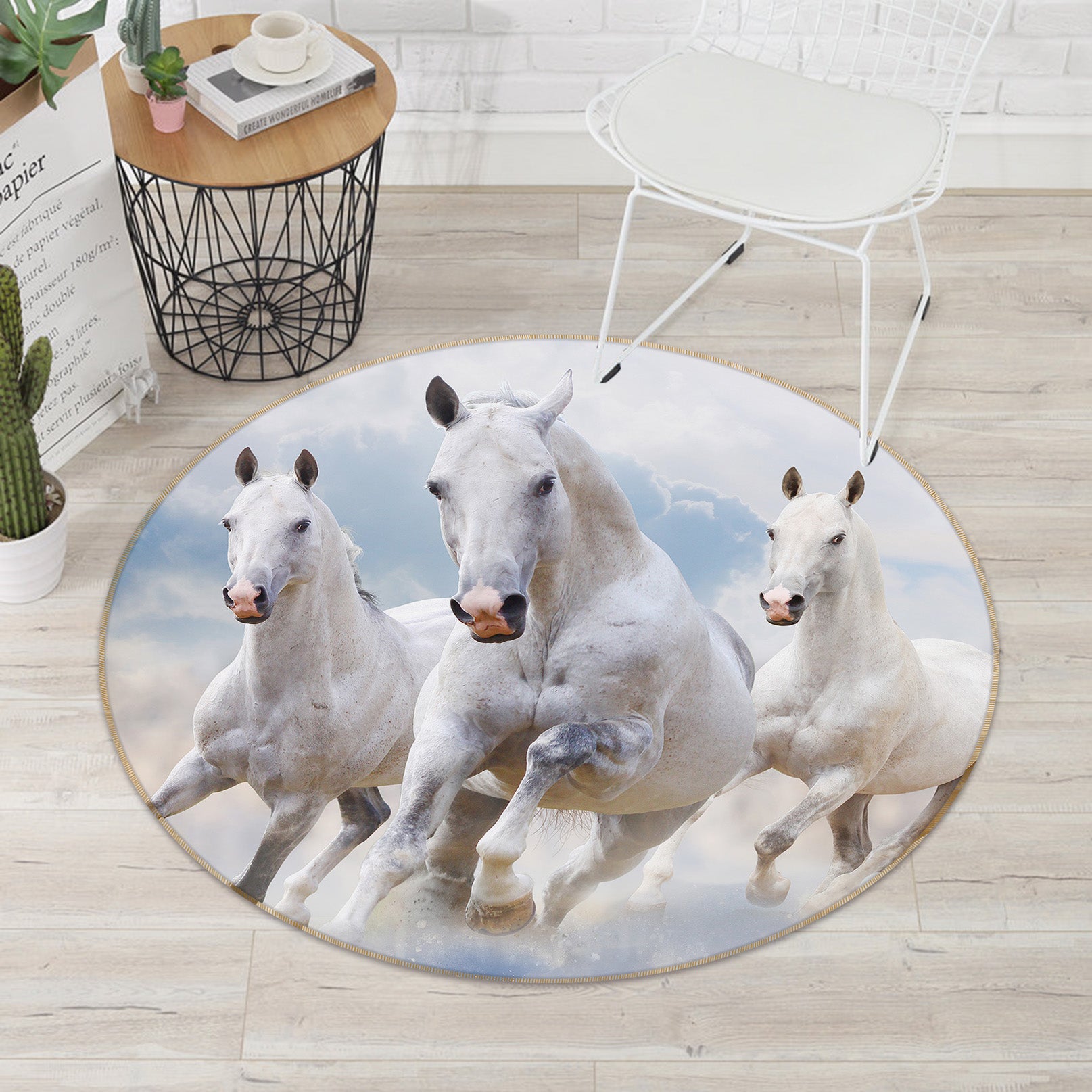 3D Three White Horses 37182 Animal Round Non Slip Rug Mat