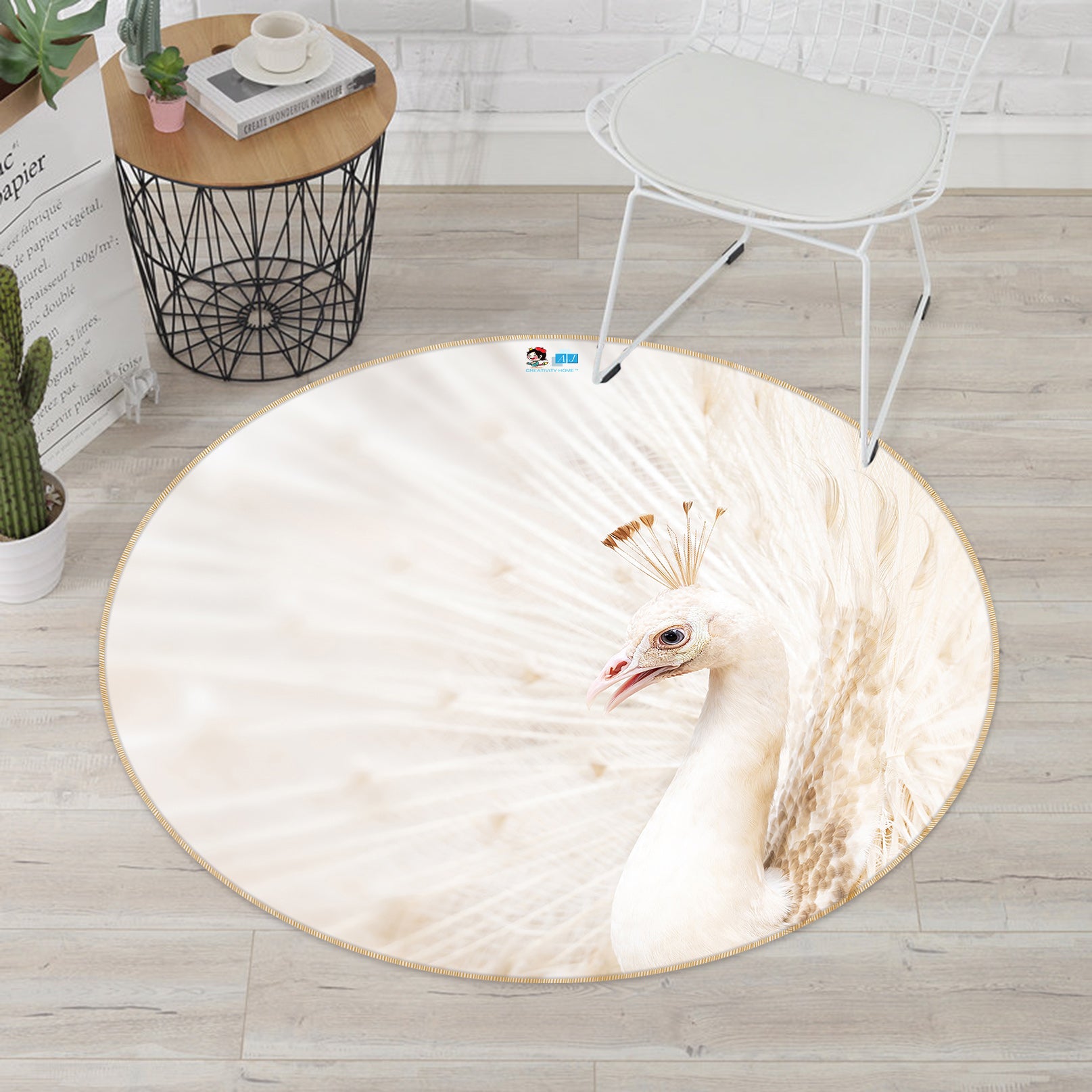 3D White Peacock 81193 Round Non Slip Rug Mat