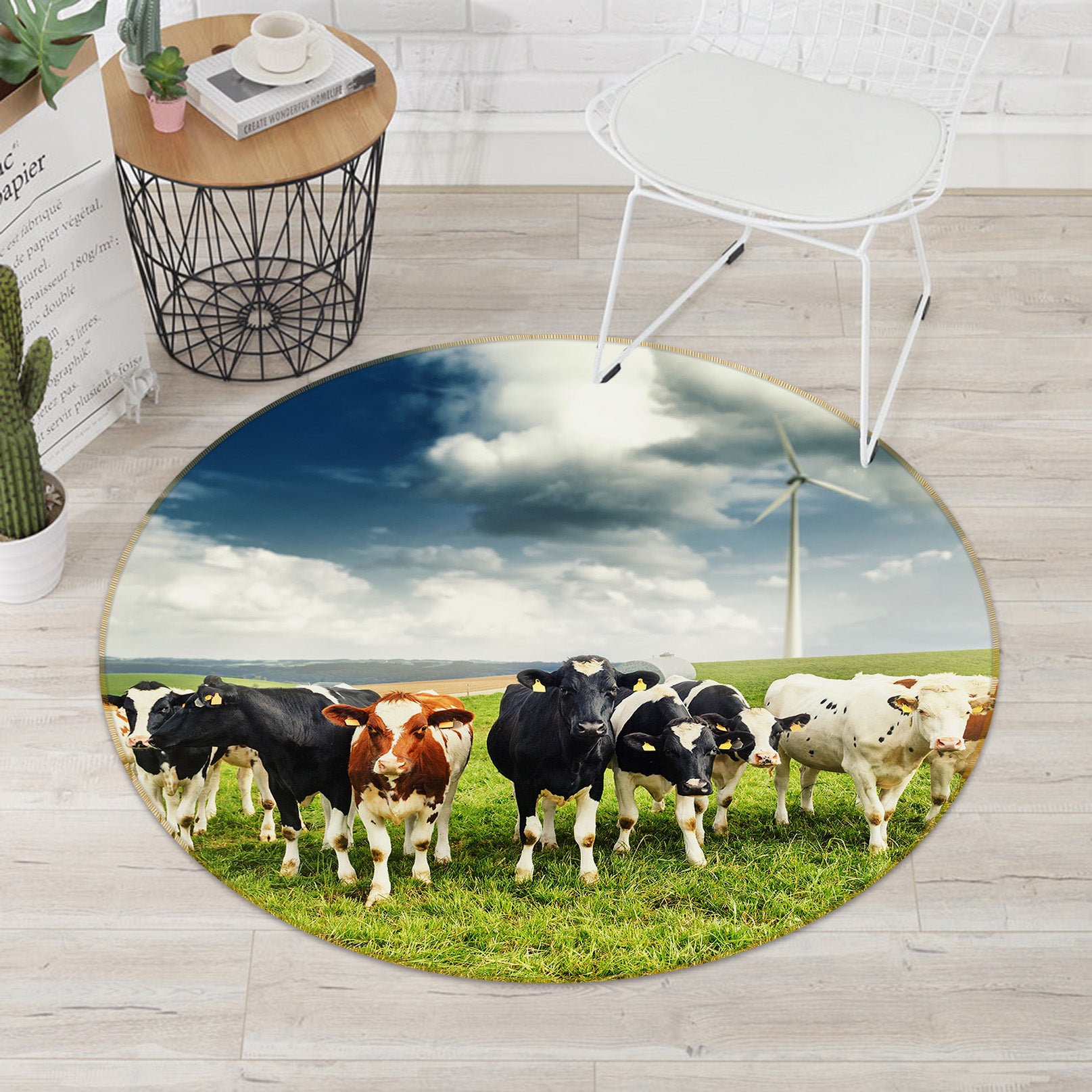 3D Cow Herd Grass 37174 Animal Round Non Slip Rug Mat
