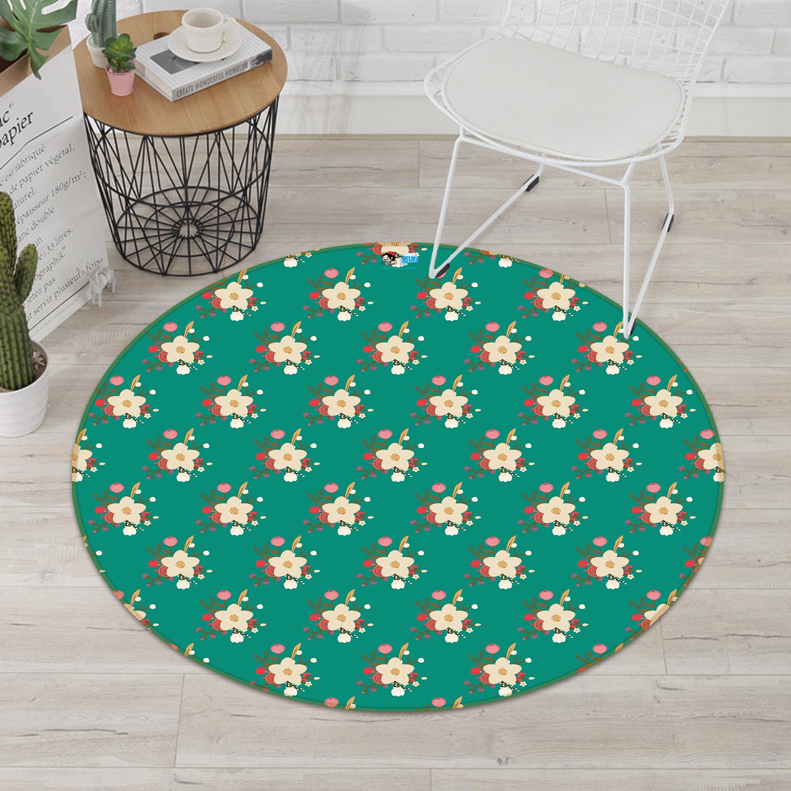 3D Green Background Flower Pattern 64109 Round Non Slip Rug Mat