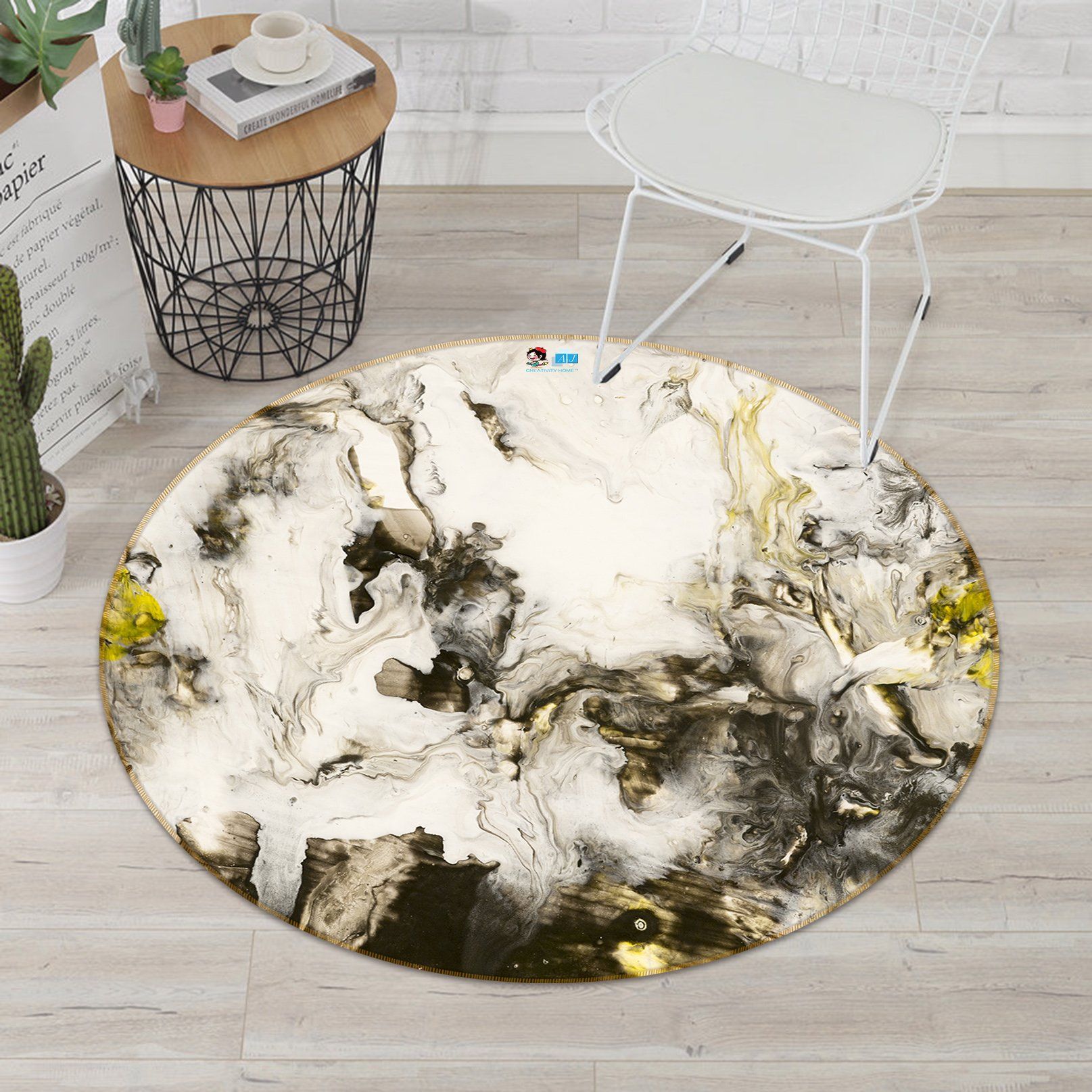 3D White Black Mixed Gouache 115 Round Non Slip Rug Mat Mat AJ Creativity Home