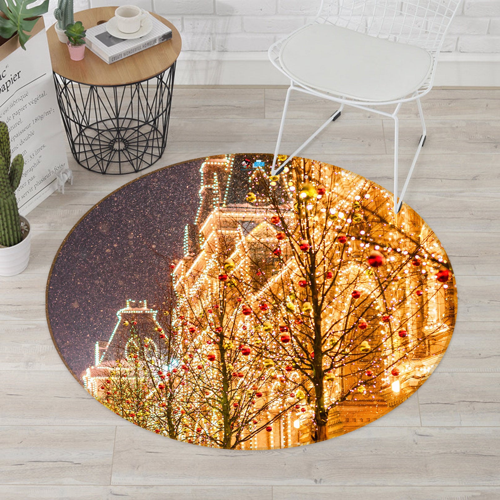3D String Light Building 54082 Christmas Round Non Slip Rug Mat Xmas