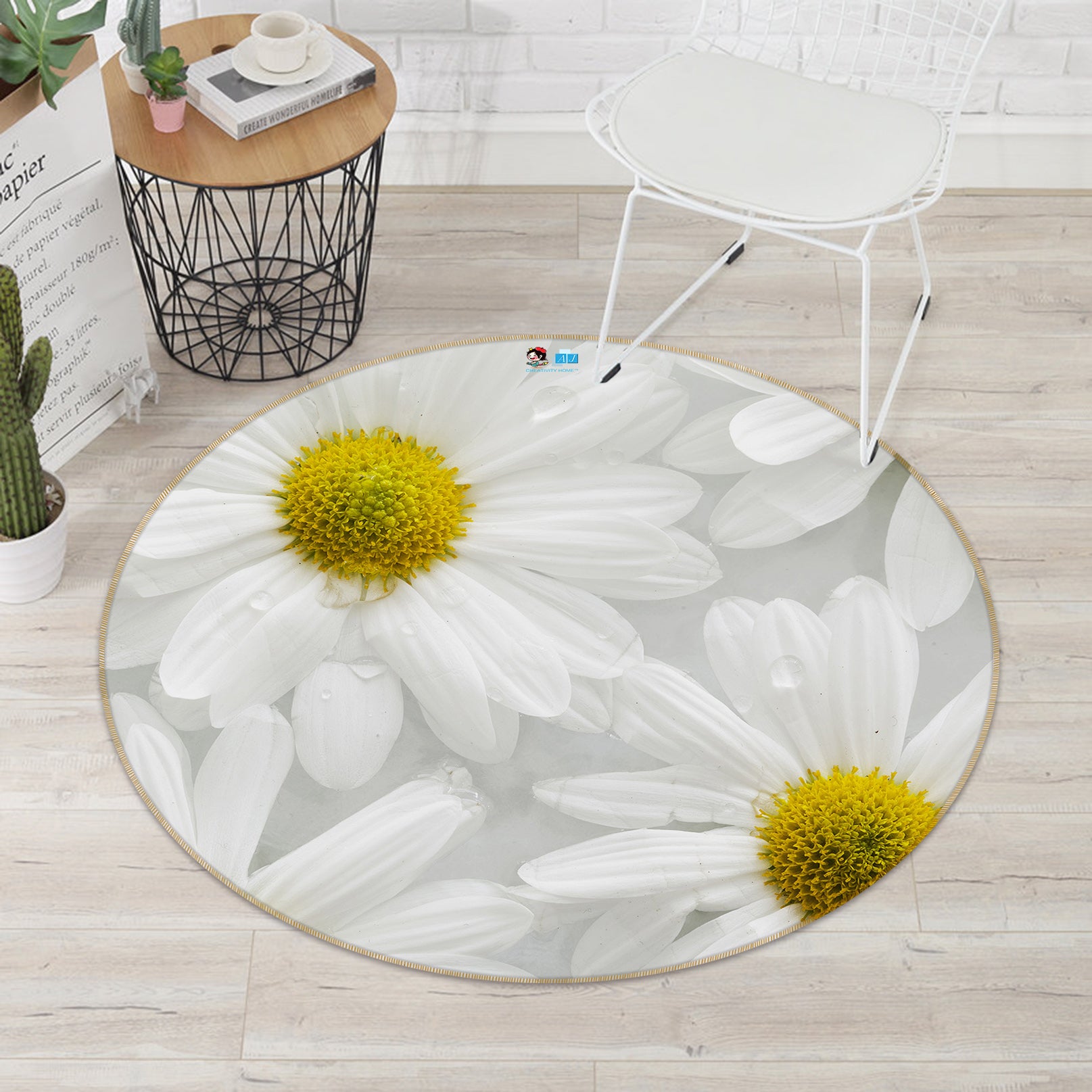 3D White Flowers 74037 Round Non Slip Rug Mat
