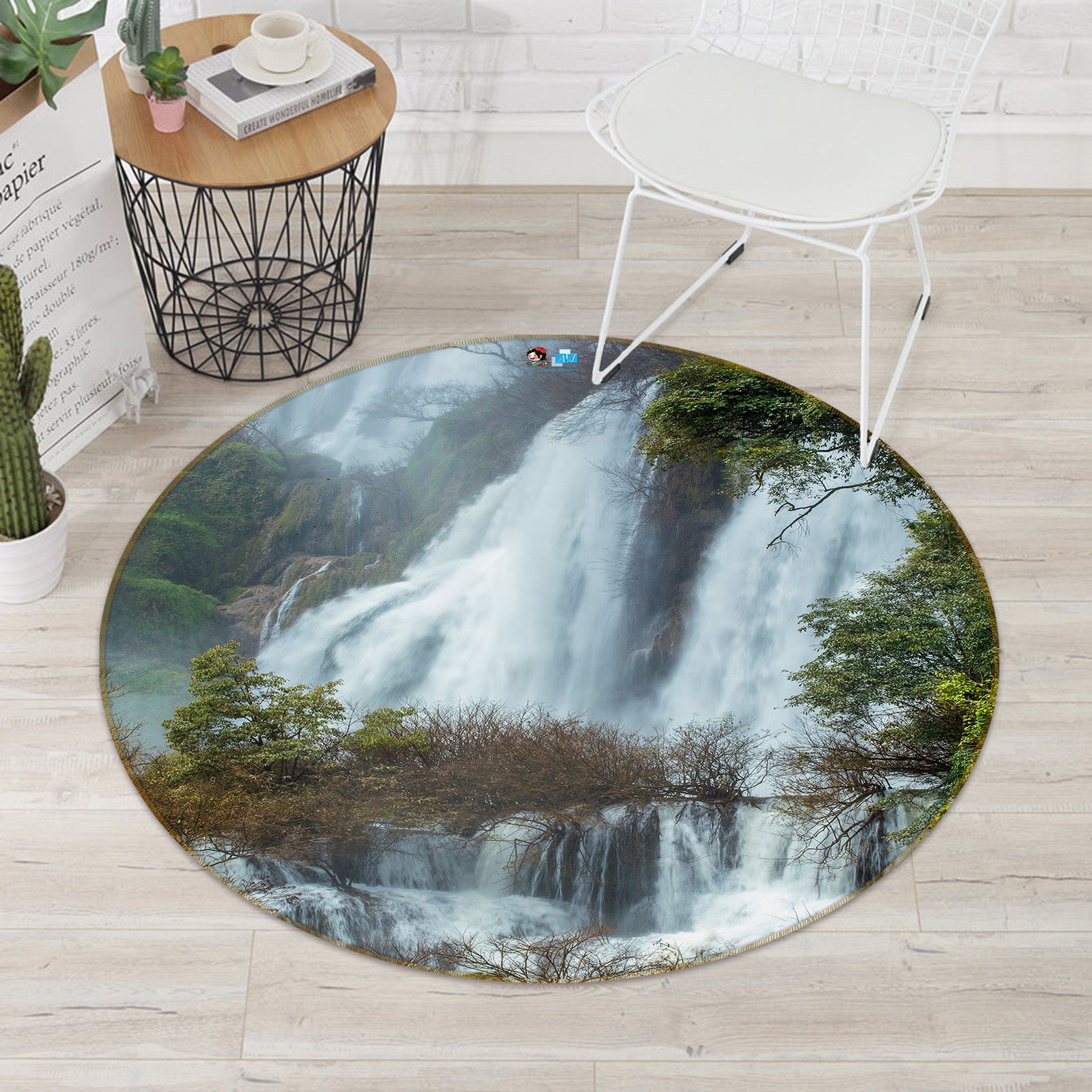 3D Stone Waterfall 69081 Round Non Slip Rug Mat