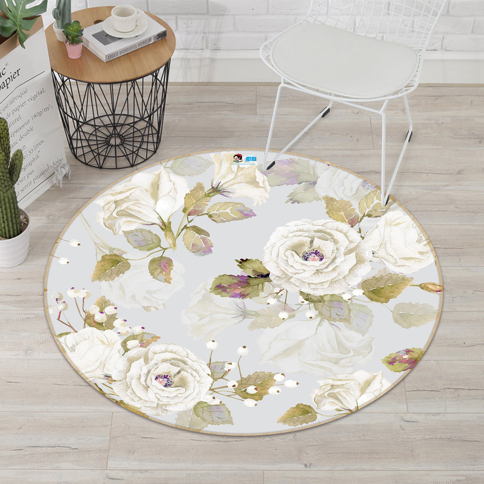 3D White Flower 64123 Round Non Slip Rug Mat