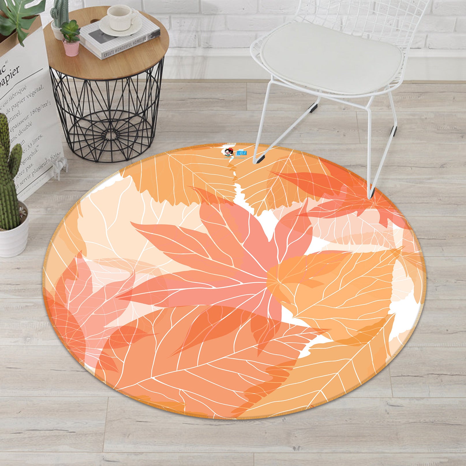 3D Orange Maple Leaf 64129 Round Non Slip Rug Mat