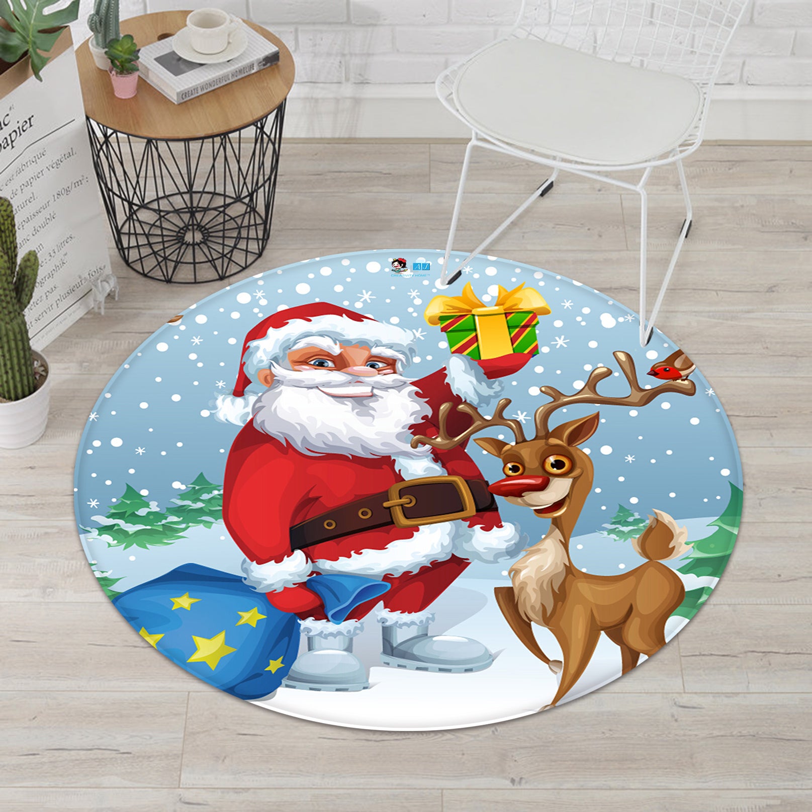 3D Santa Deer 66036 Christmas Round Non Slip Rug Mat Xmas
