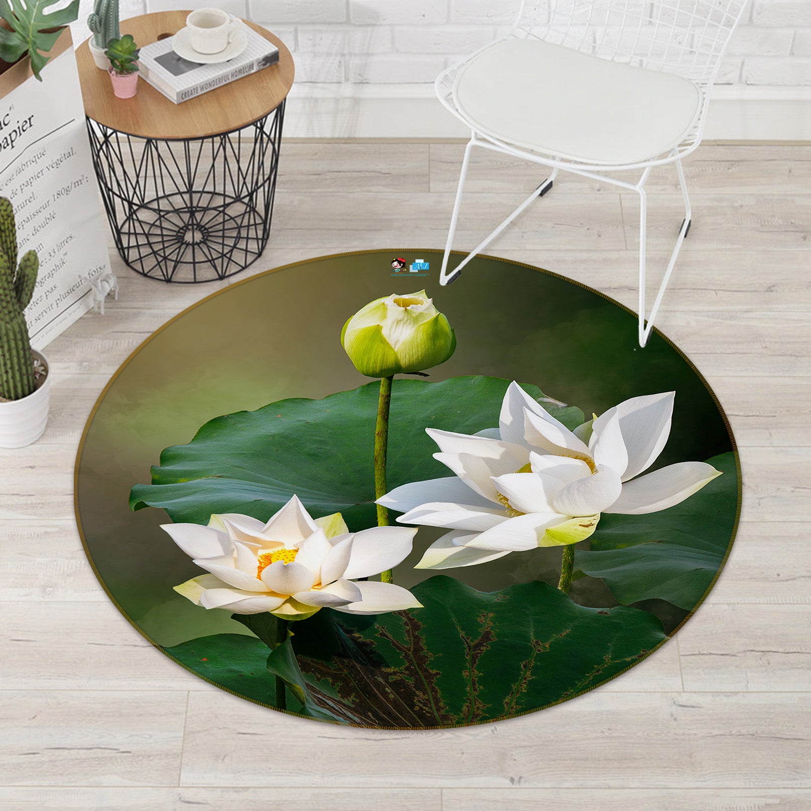 3D White Lotus 71165 Round Non Slip Rug Mat