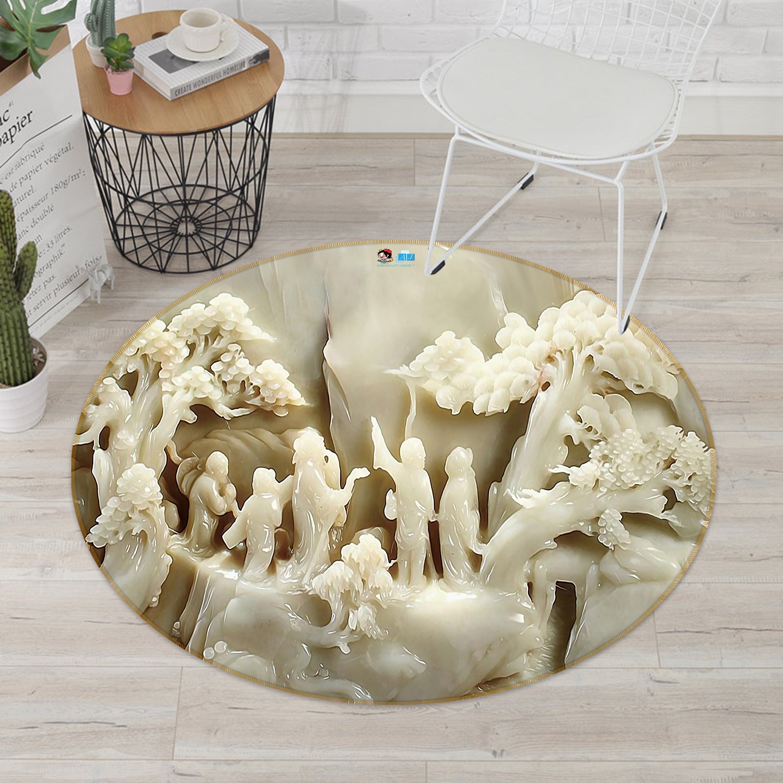 3D White Jade Carving 81015 Round Non Slip Rug Mat