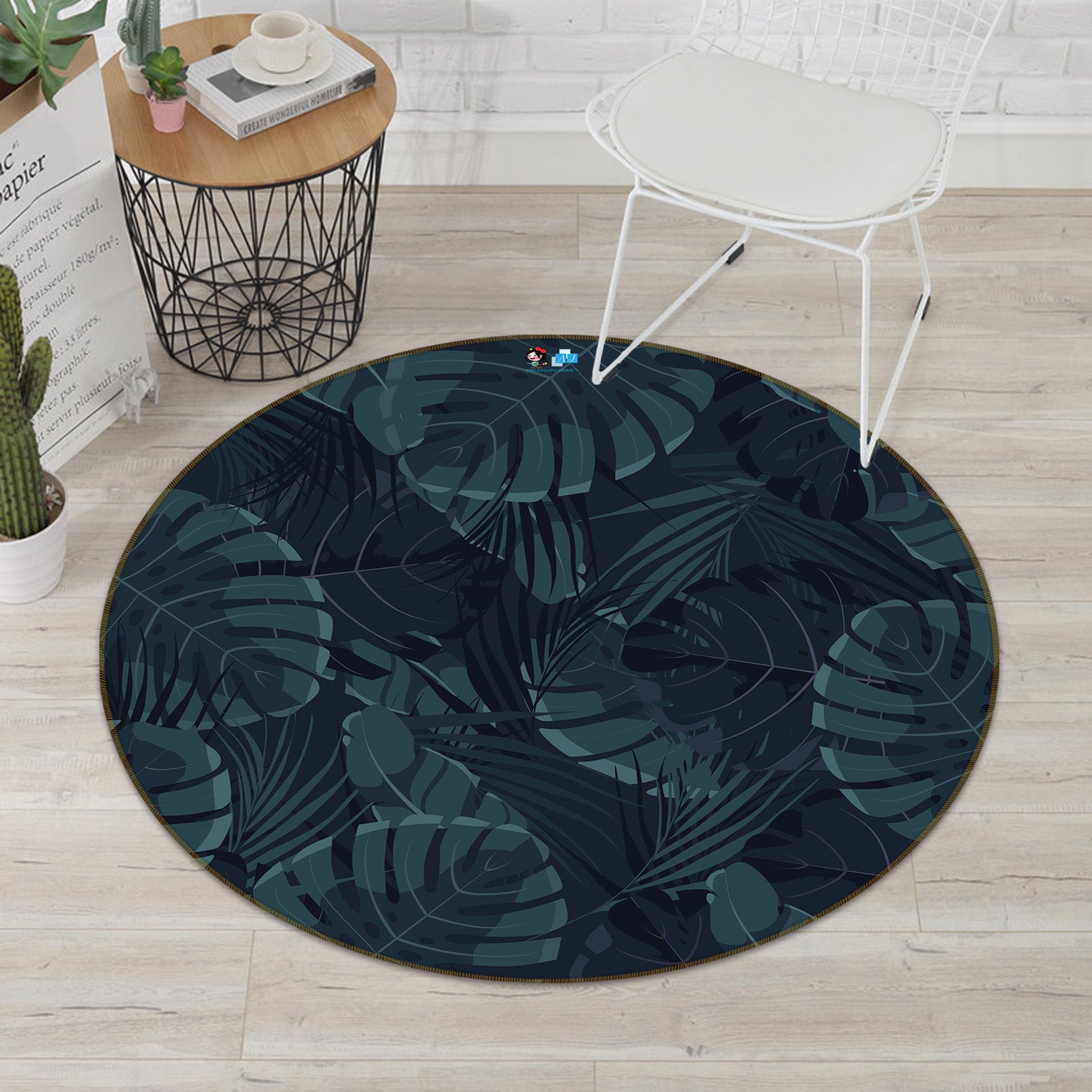 3D Dark Leaves Pattern 64051 Round Non Slip Rug Mat