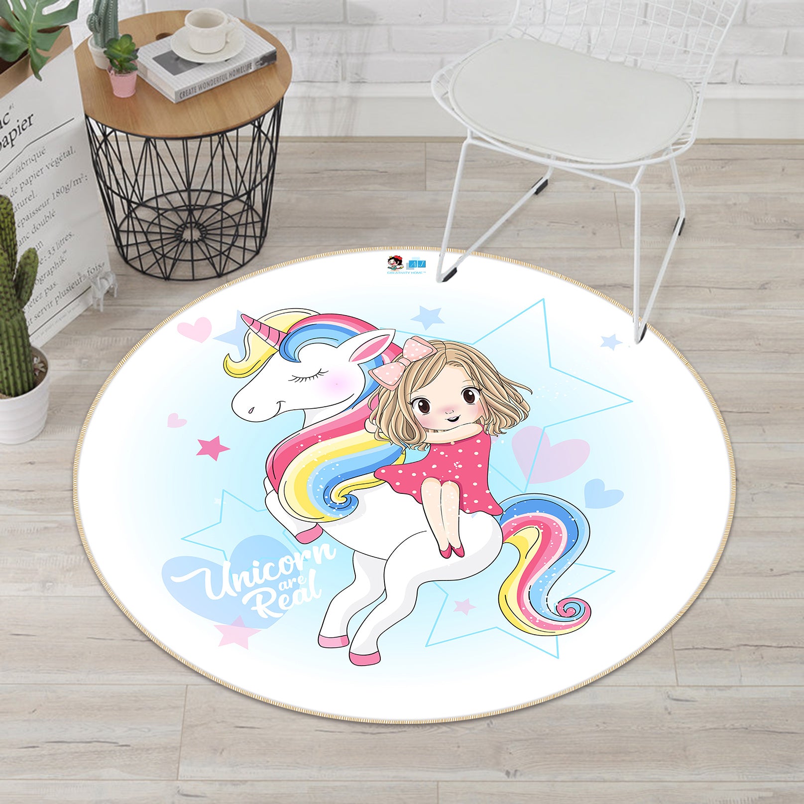 3D Color Unicorn Girl 74218 Round Non Slip Rug Mat