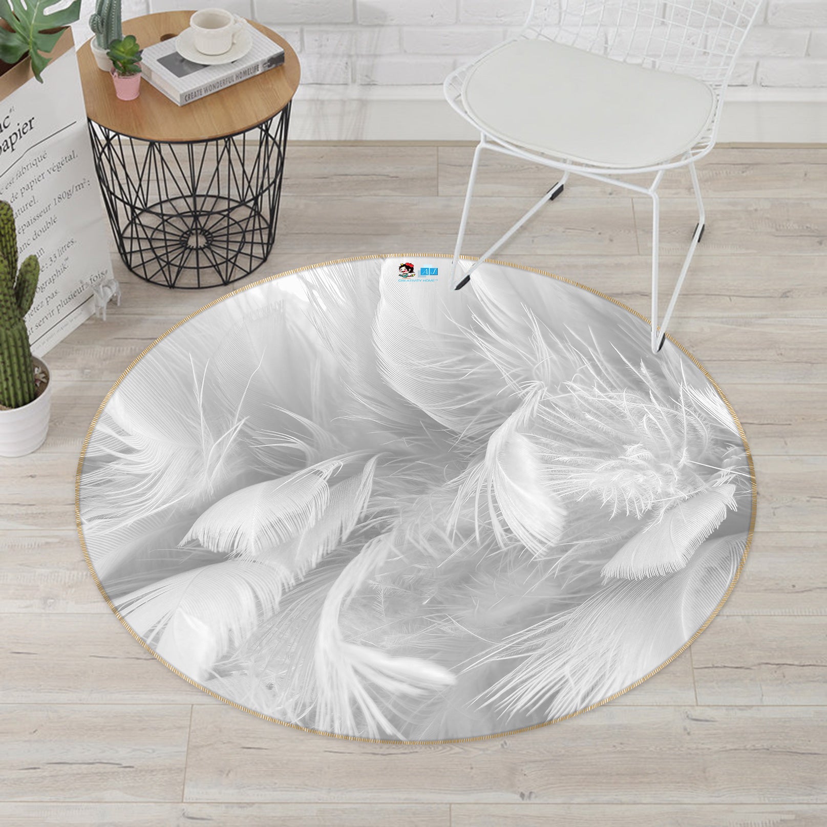 3D White Feather 81222 Round Non Slip Rug Mat