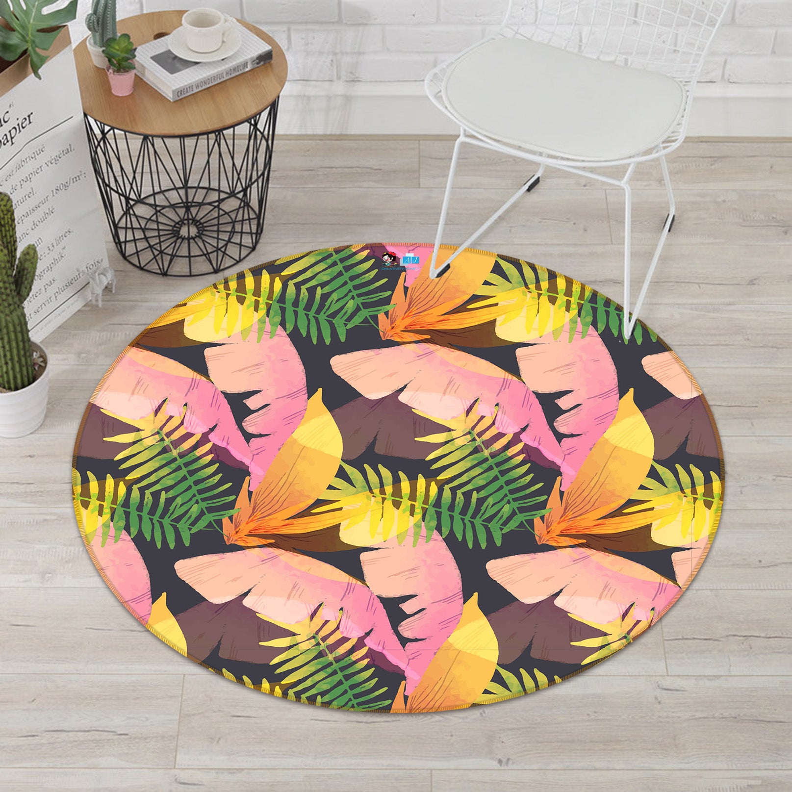 3D Pink Green Leaves 64084 Round Non Slip Rug Mat