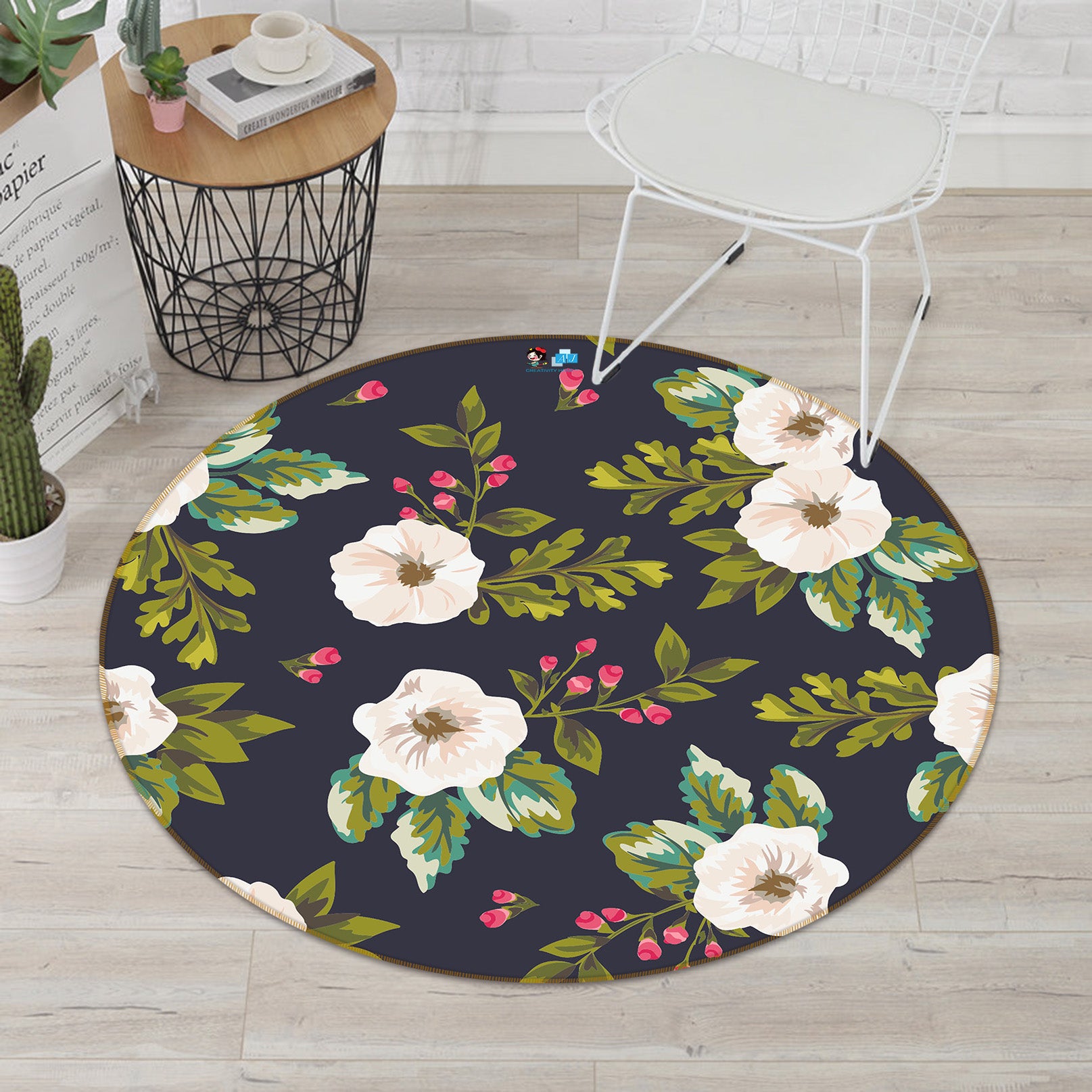 3D White Flowers 64060 Round Non Slip Rug Mat