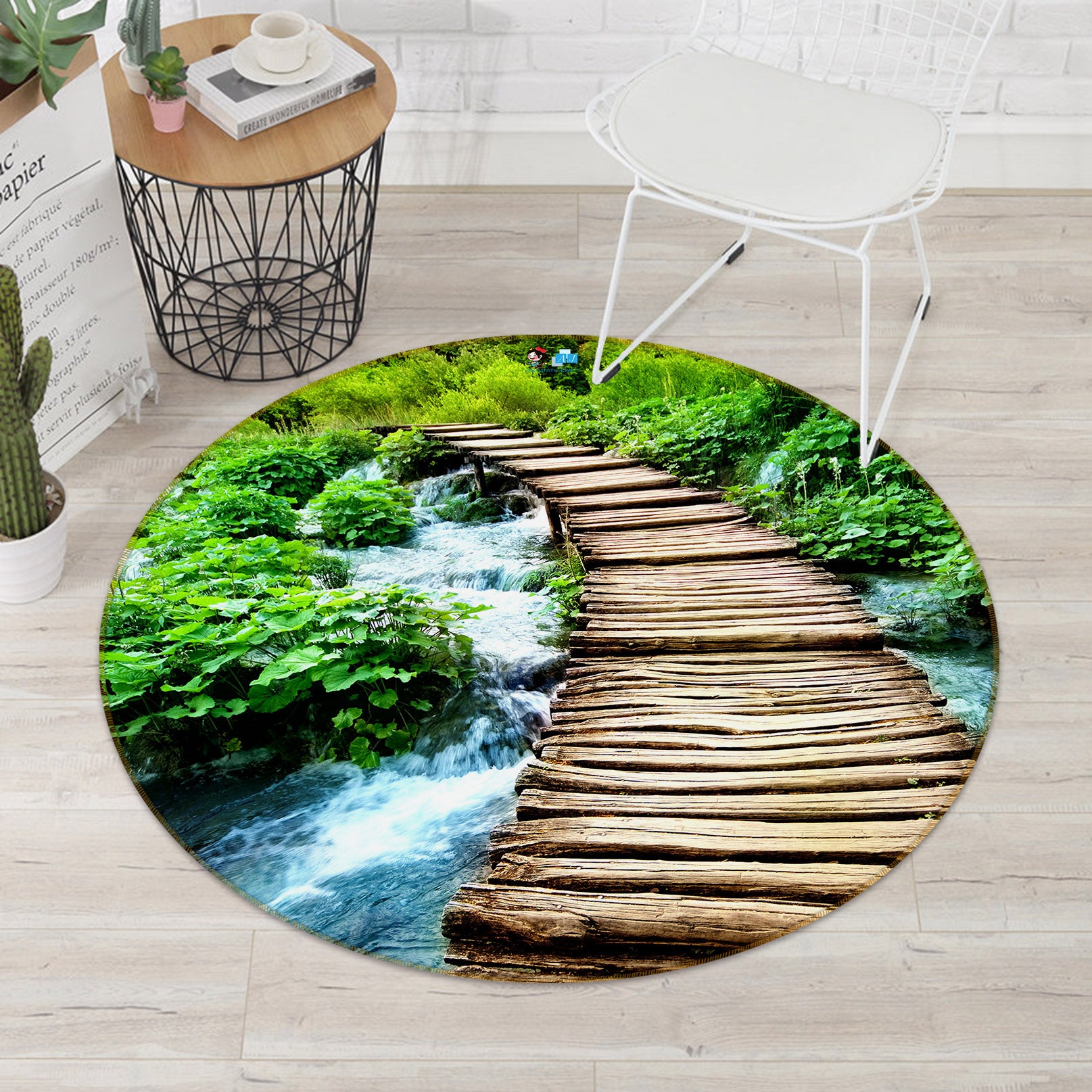 3D Wooden Bridge Grove River 74053 Round Non Slip Rug Mat