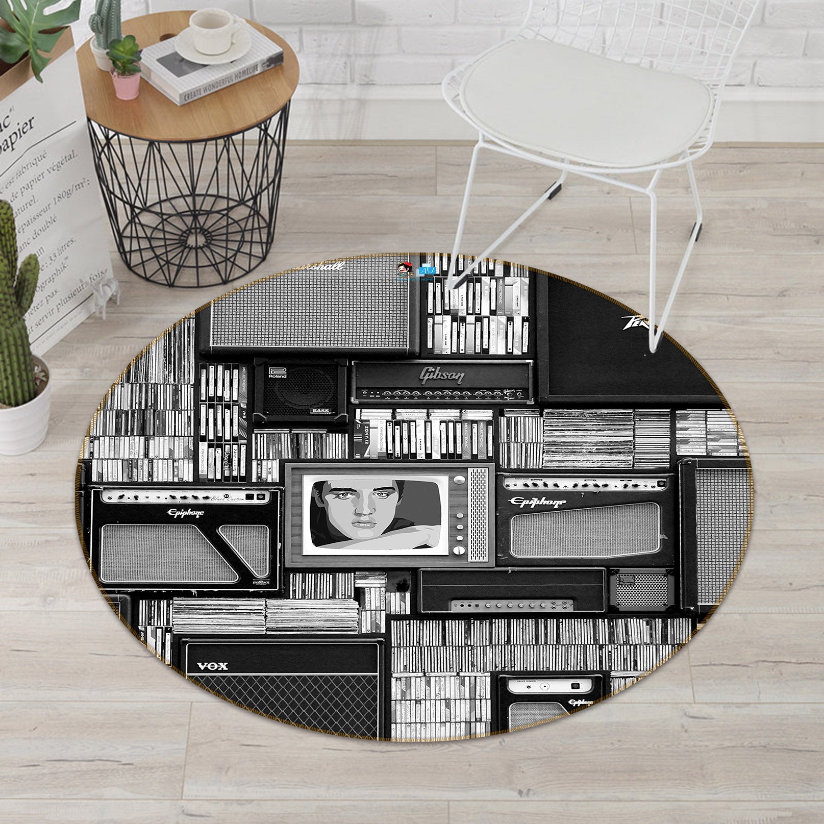 3D Black Gray TV 64090 Round Non Slip Rug Mat
