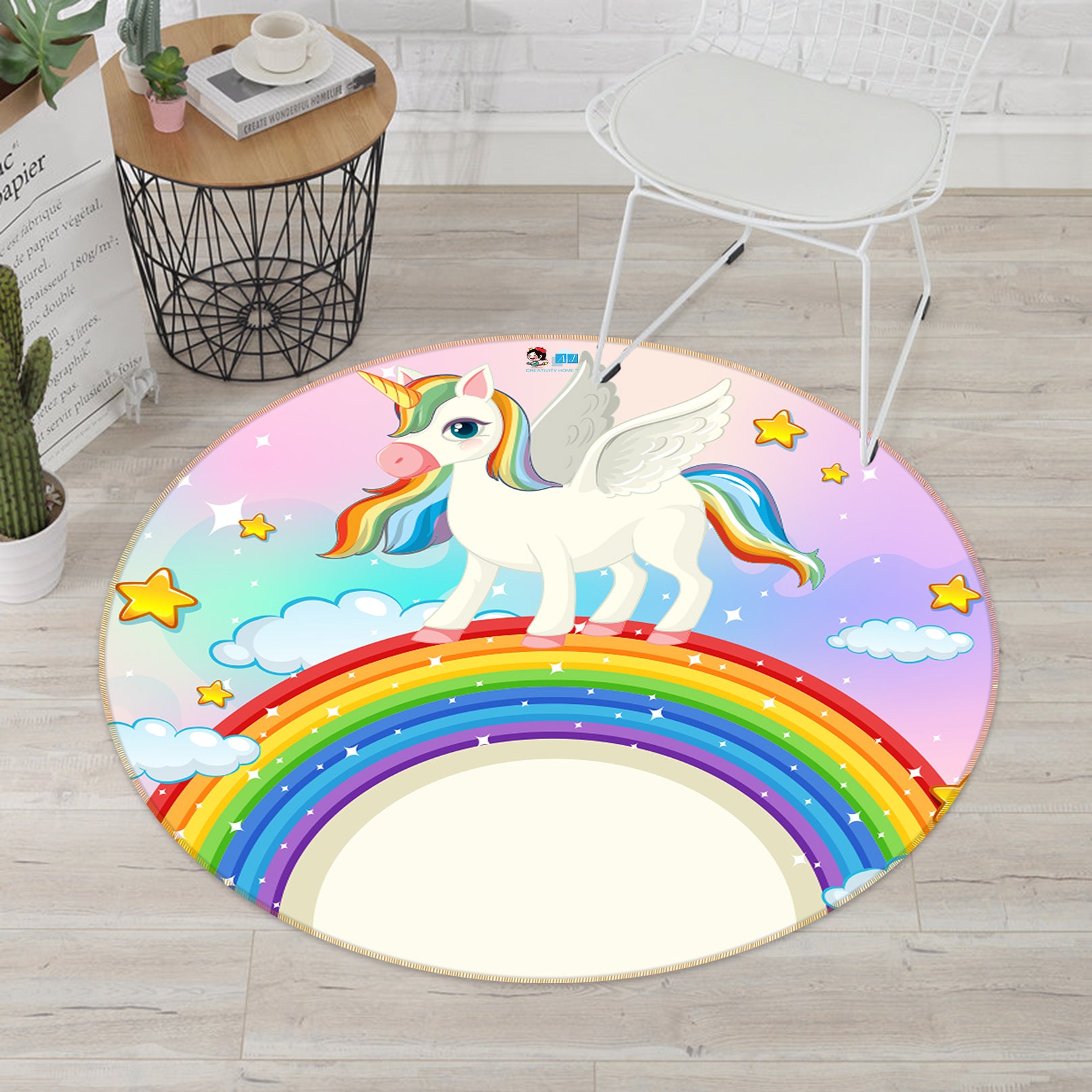 3D Rainbow Cloud Unicorn 81119 Round Non Slip Rug Mat